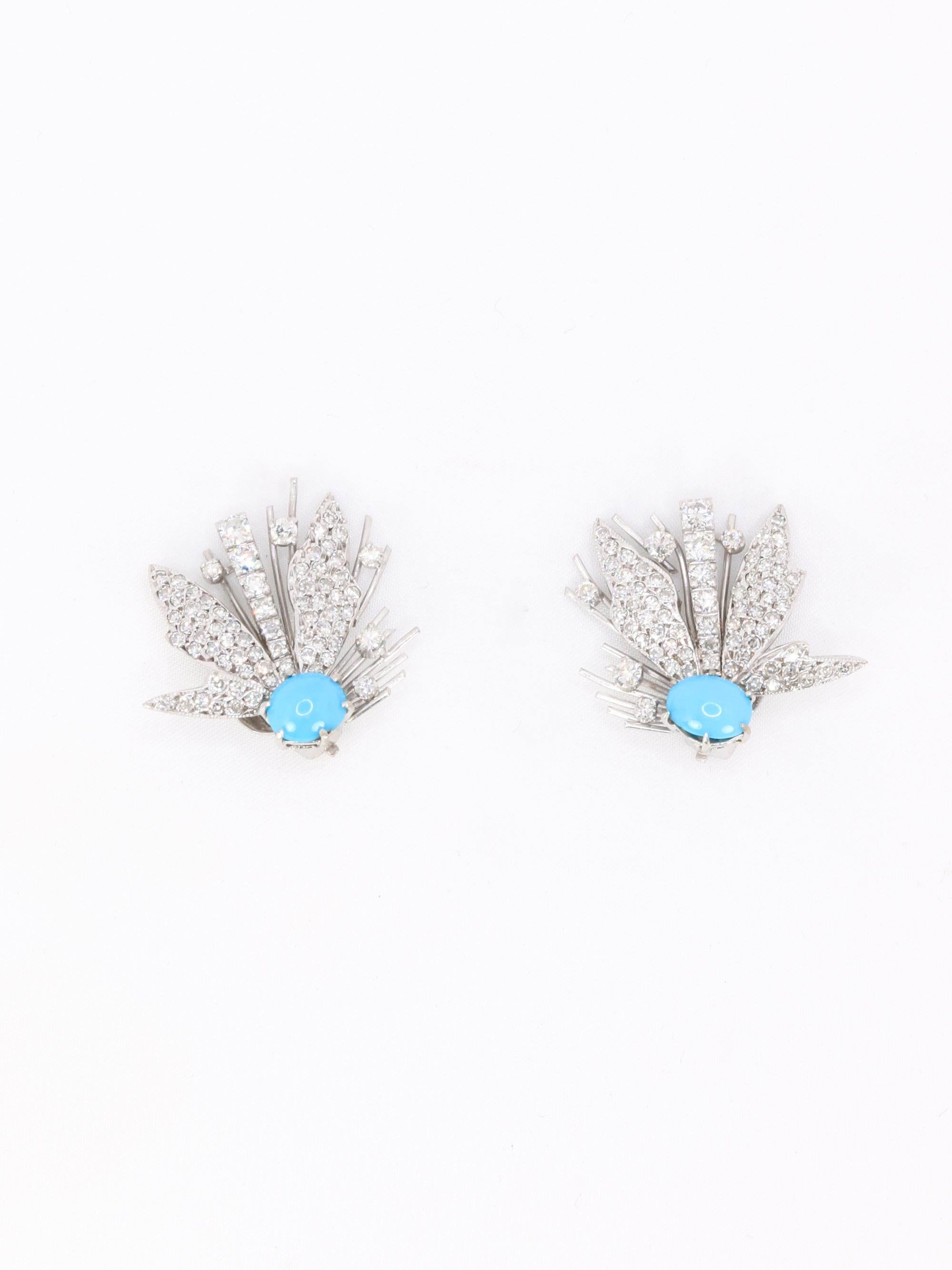 Boucles d'oreilles pendantes turquoises diamants