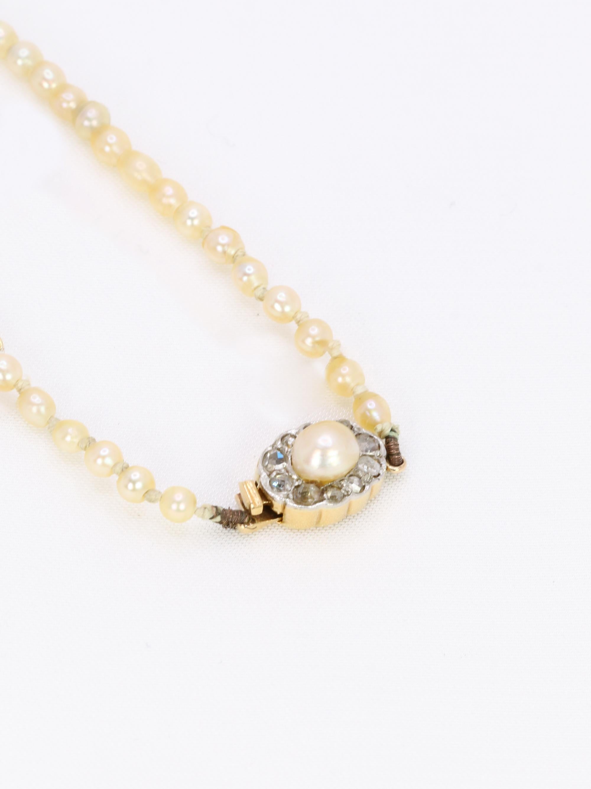 Collier de perles fines fermoir or jaune diamants taille rose