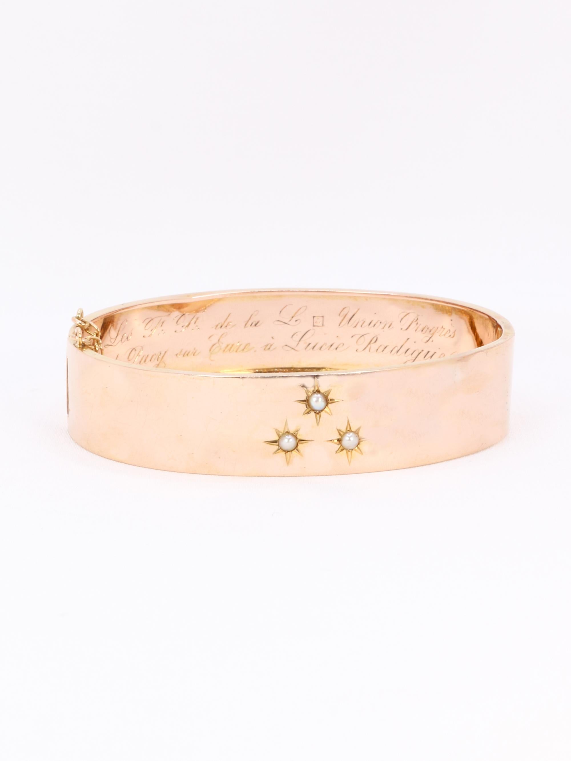 Bracelet jonc maçonnique or rose perles fines