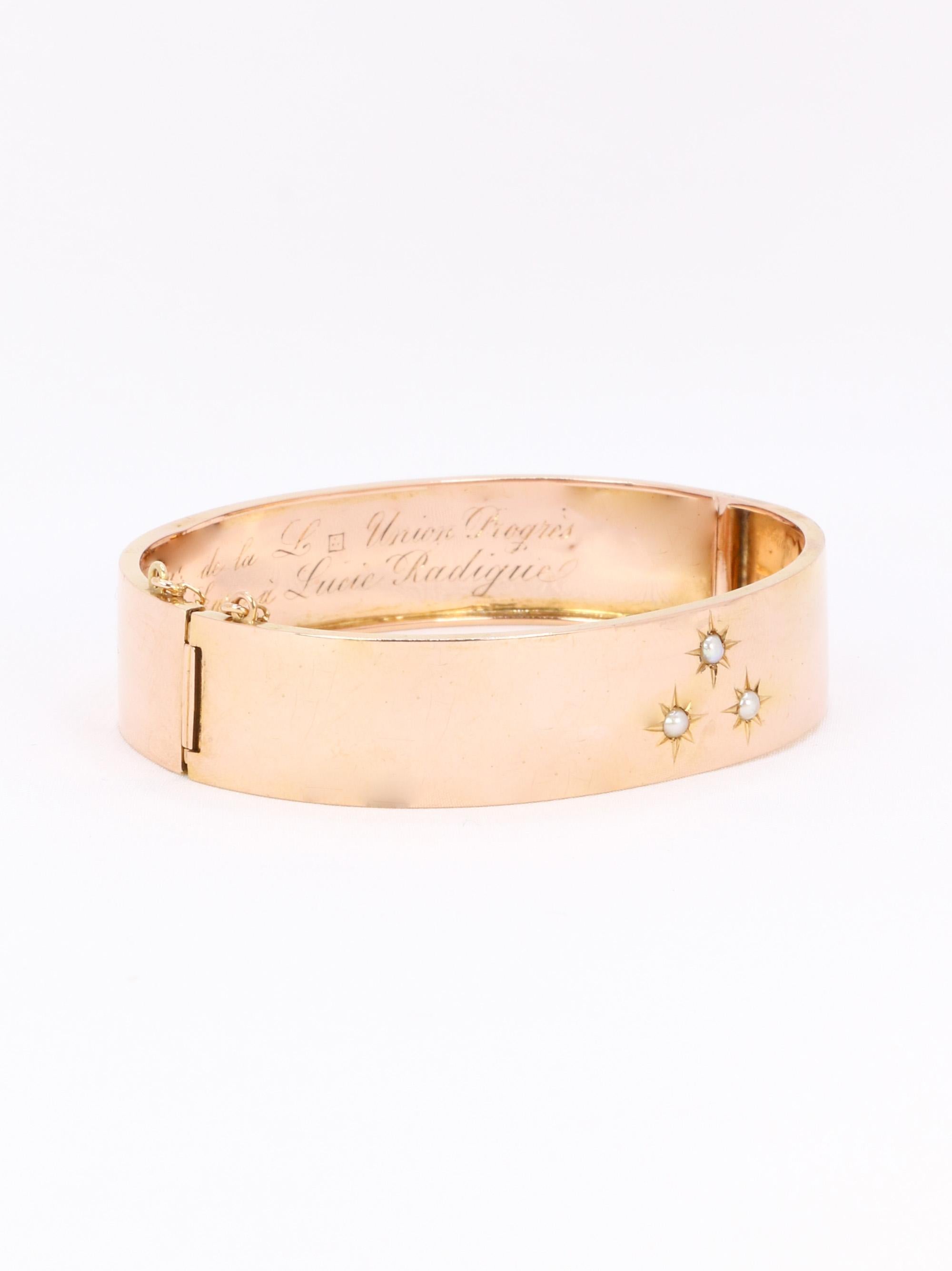 Bracelet jonc maçonnique or rose perles fines