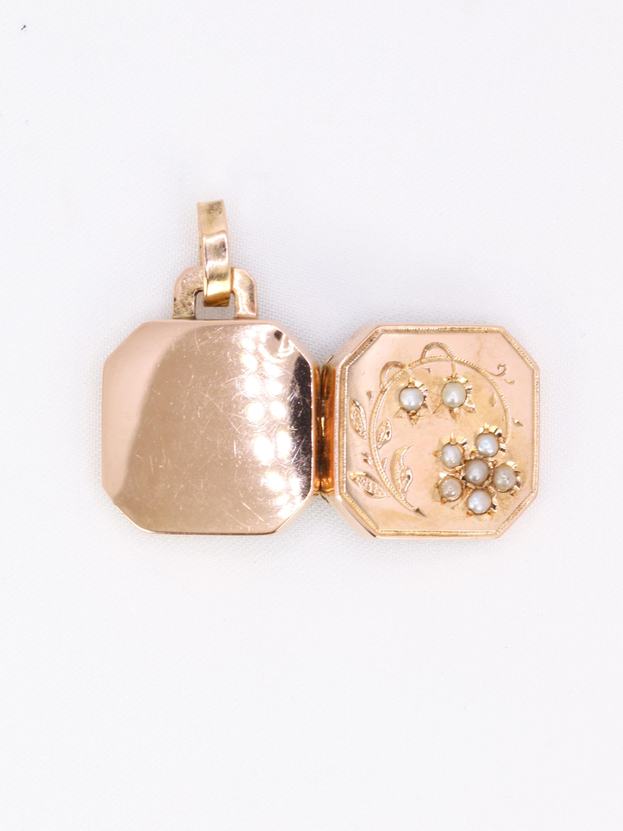 Pendentif Art Nouveau porte photo or rose perles fines
