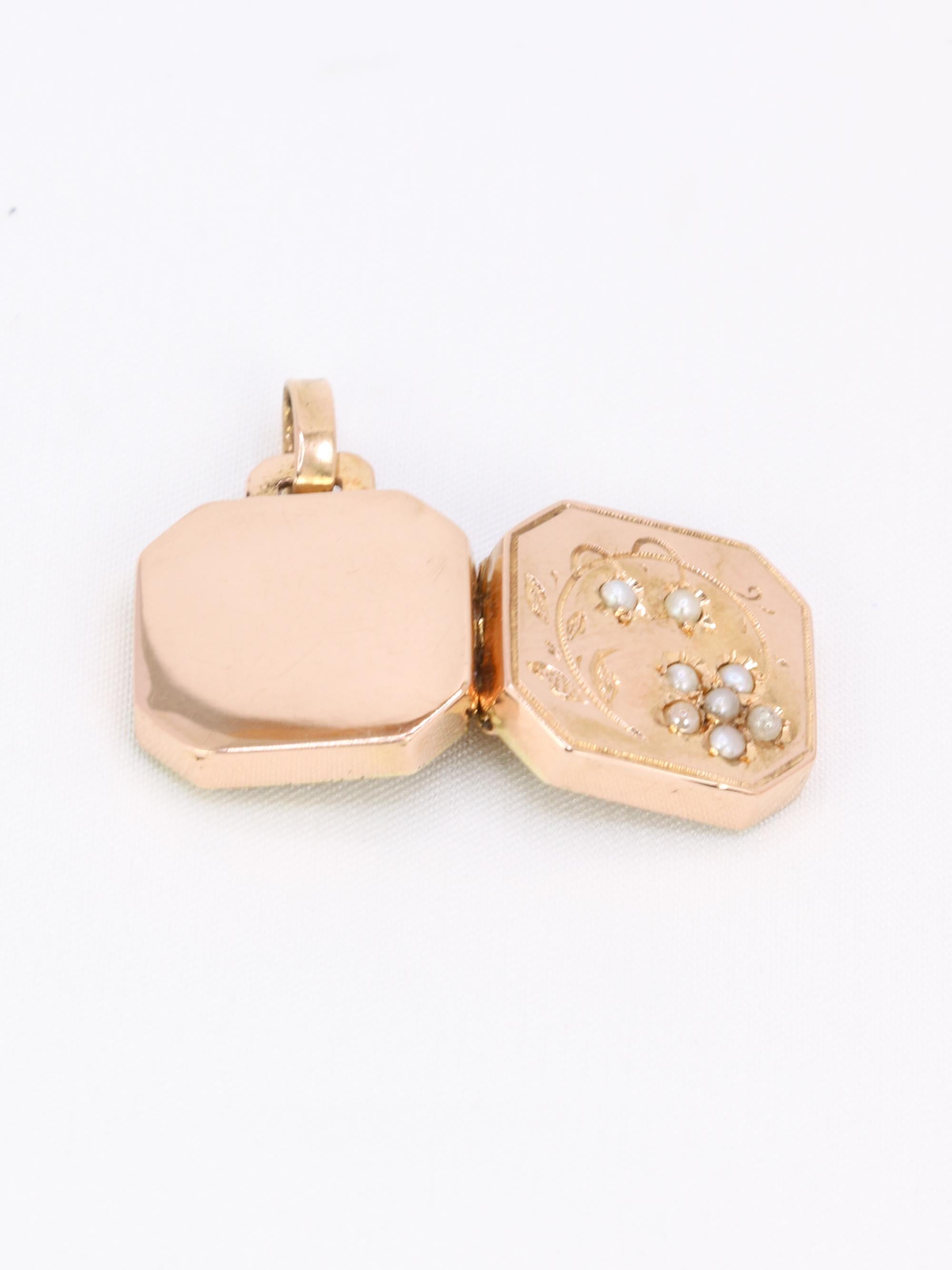 Pendentif Art Nouveau porte photo or rose perles fines