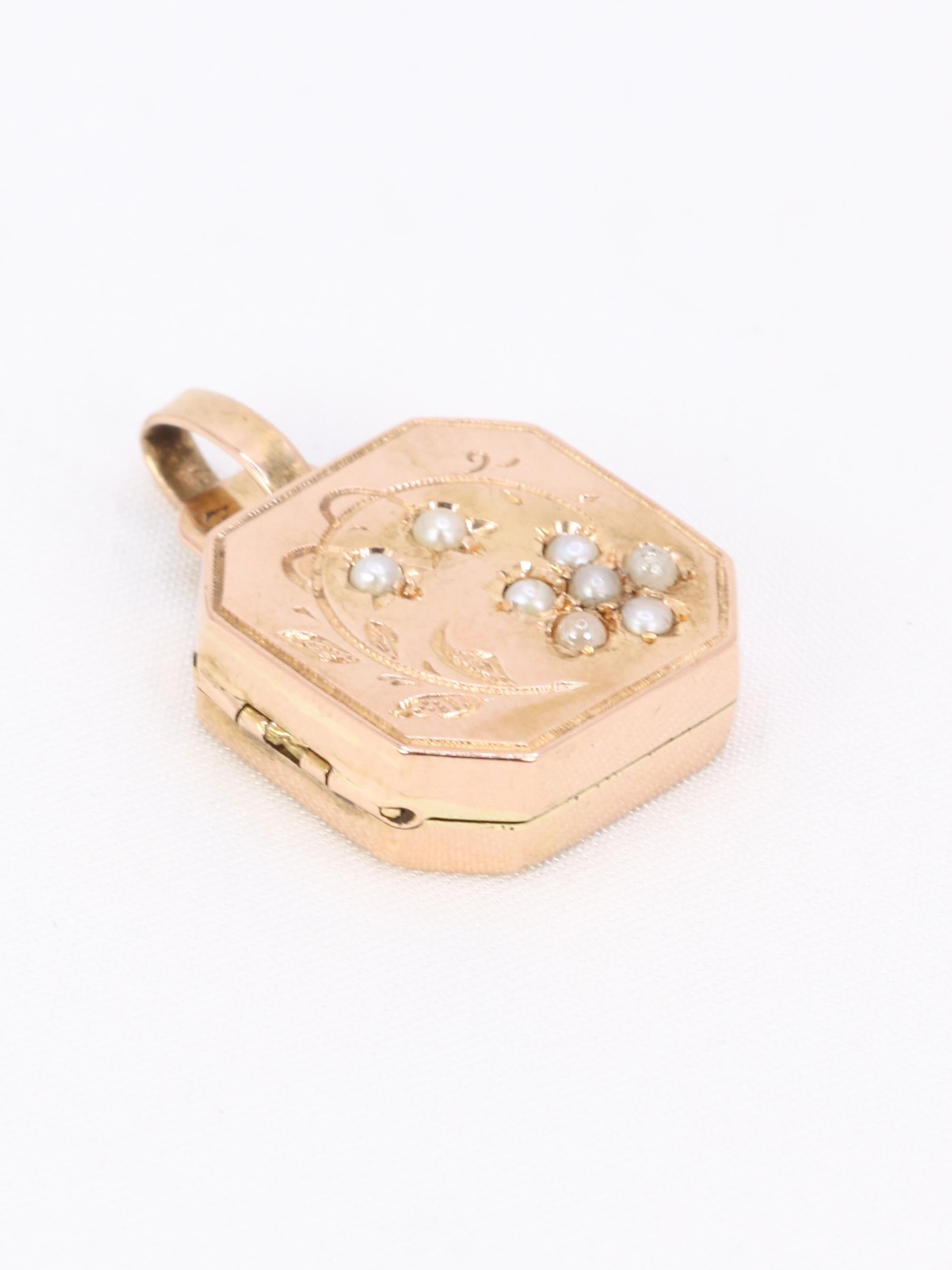 Pendentif Art Nouveau porte photo or rose perles fines