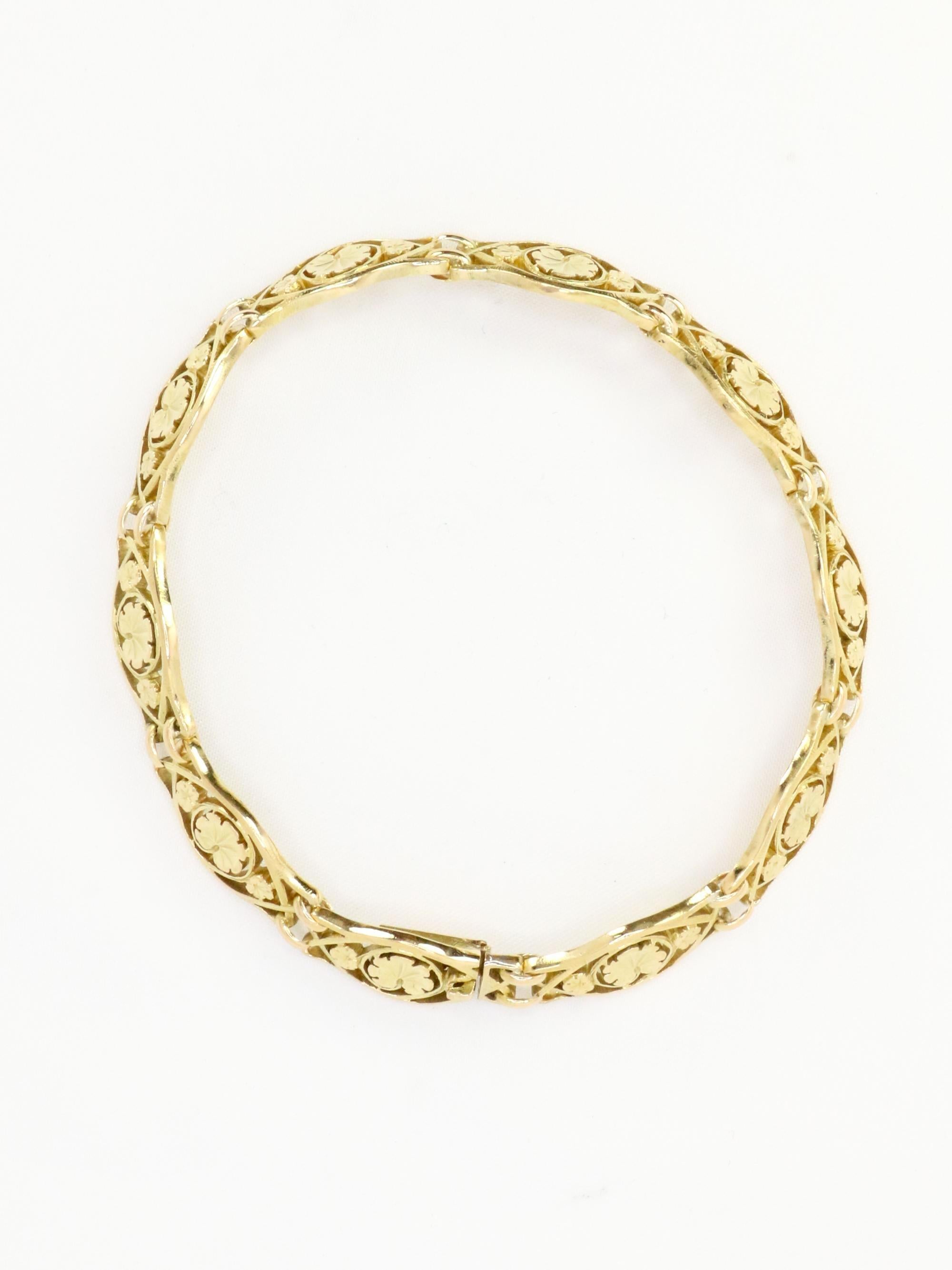 Bracelet Art Nouveau or jaune maille feuille de lierre