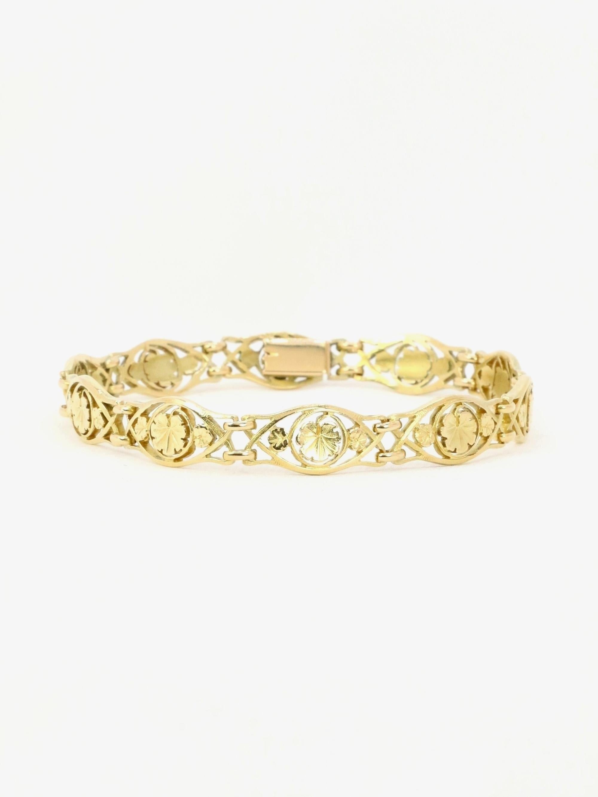 Bracelet Art Nouveau or jaune maille feuille de lierre
