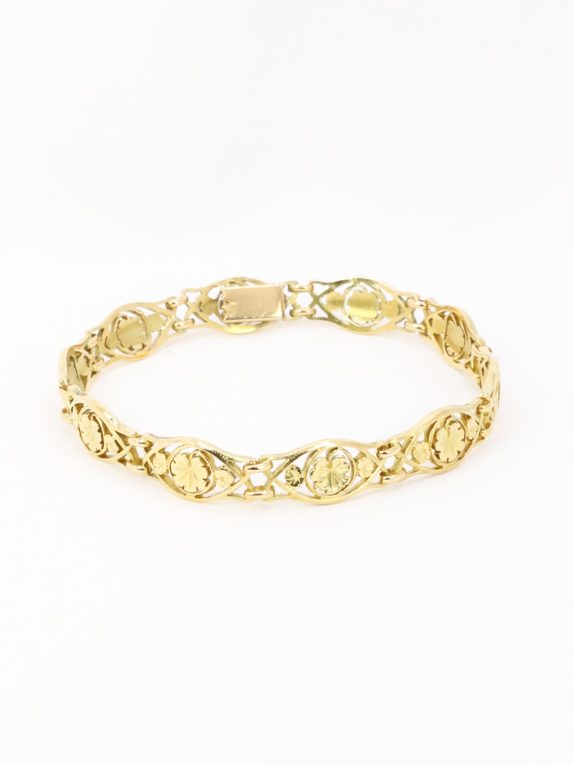 Bracelet Art Nouveau or jaune maille feuille de lierre