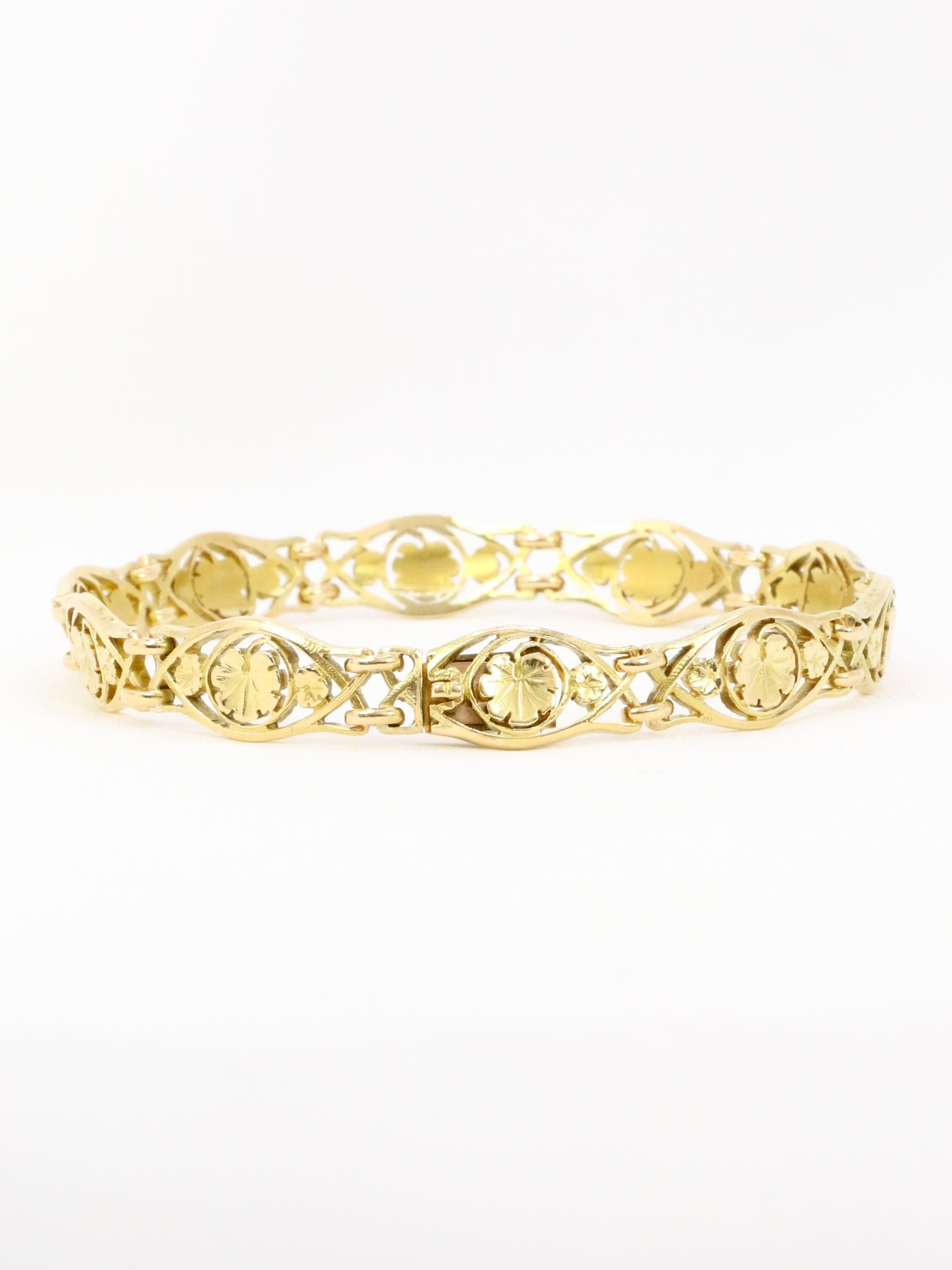 Bracelet Art Nouveau or jaune maille feuille de lierre