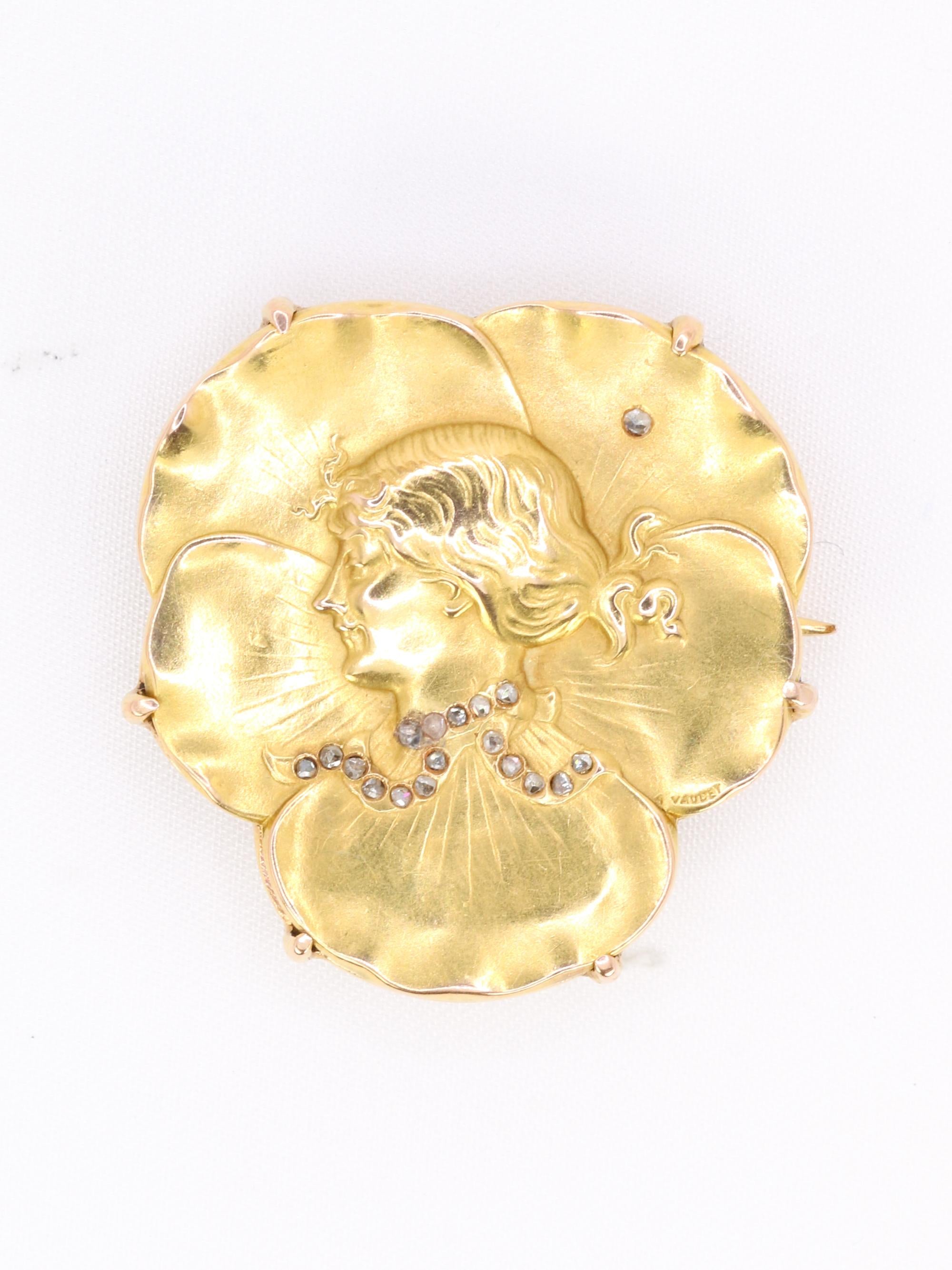Auguste VAUDET - Broche Art Nouveau femme or jaune diamants