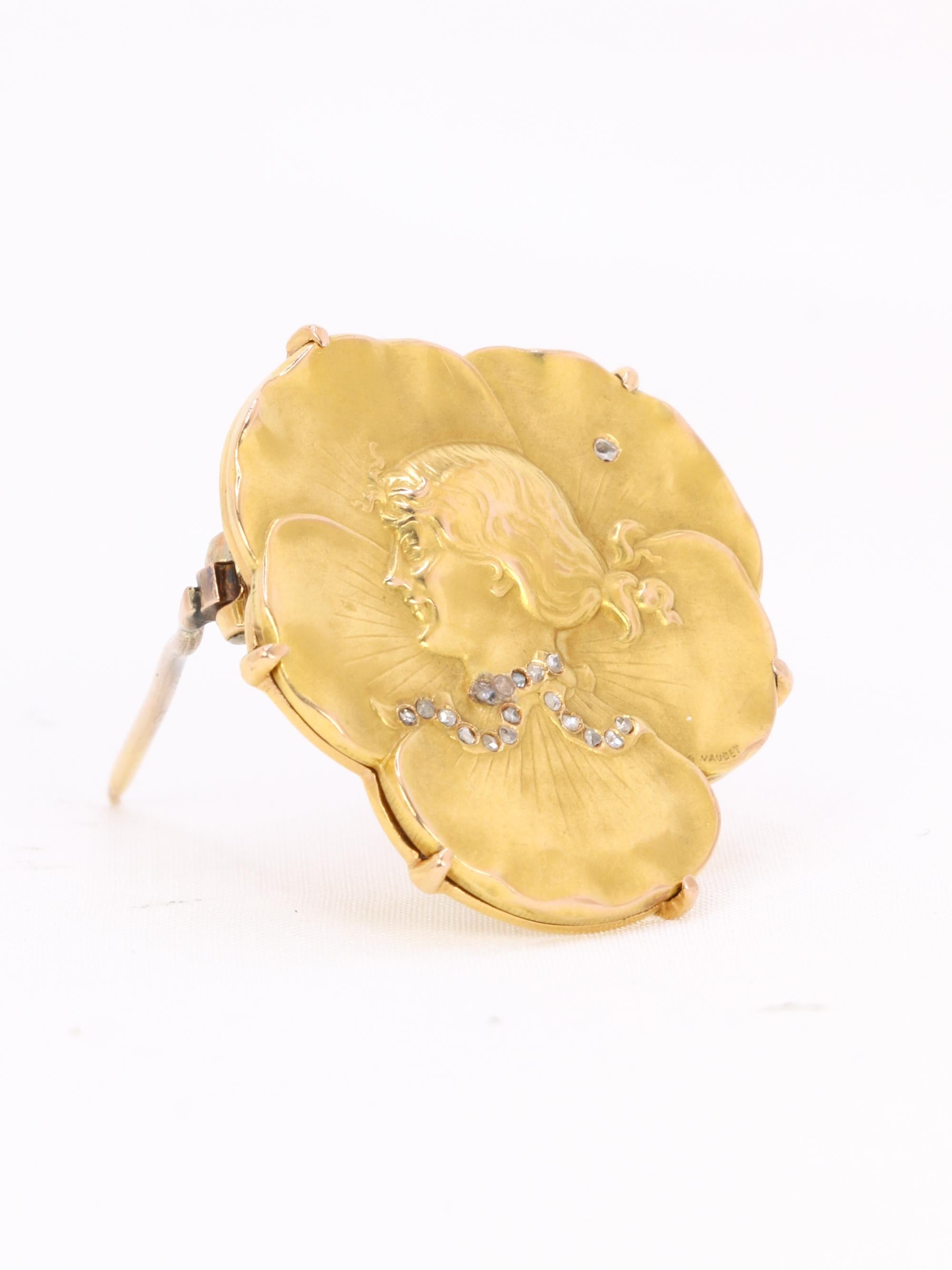 Auguste VAUDET - Broche Art Nouveau femme or jaune diamants