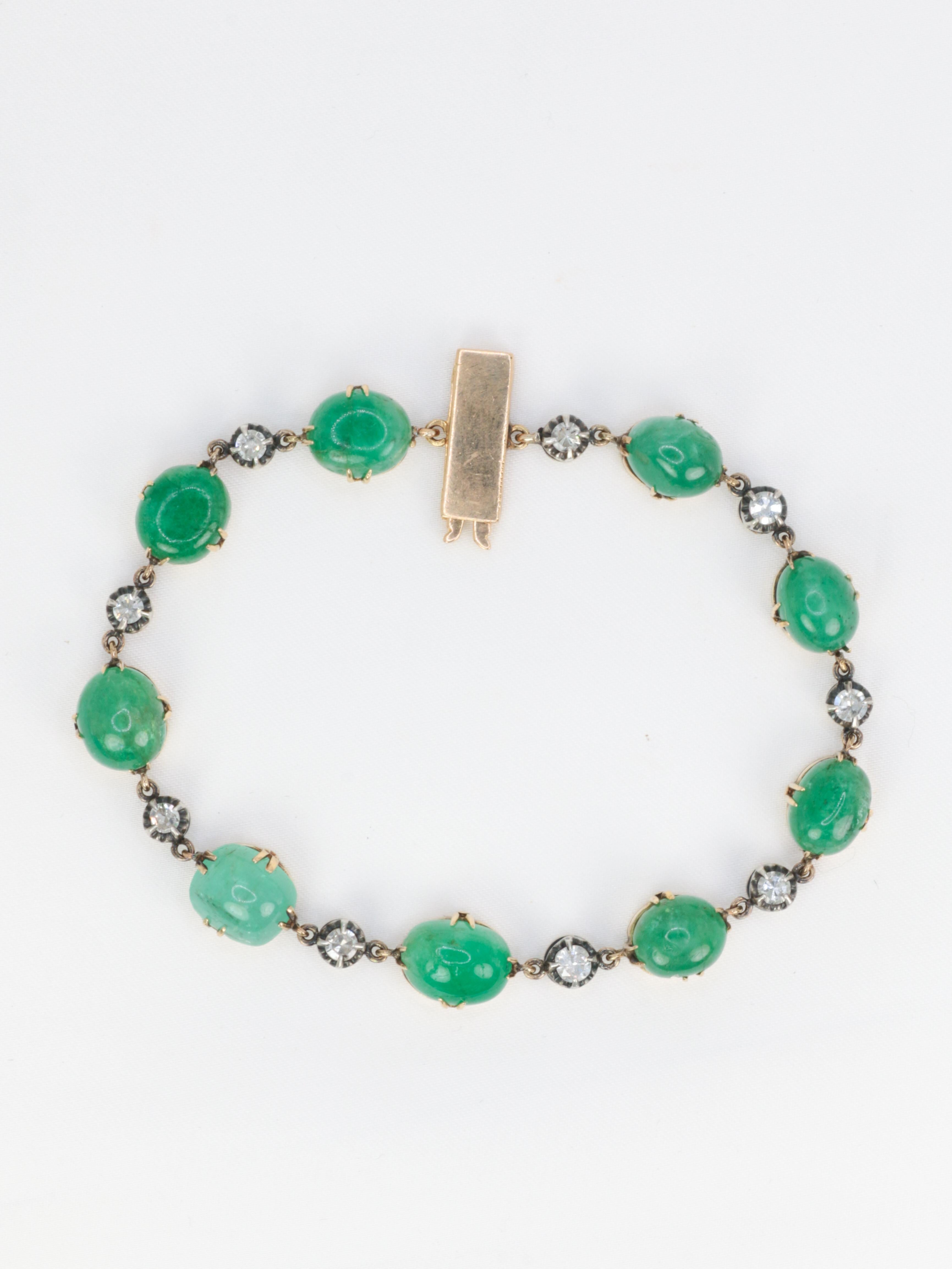 Bracelet ancien cabochons d'émeraudes or jaune diamants