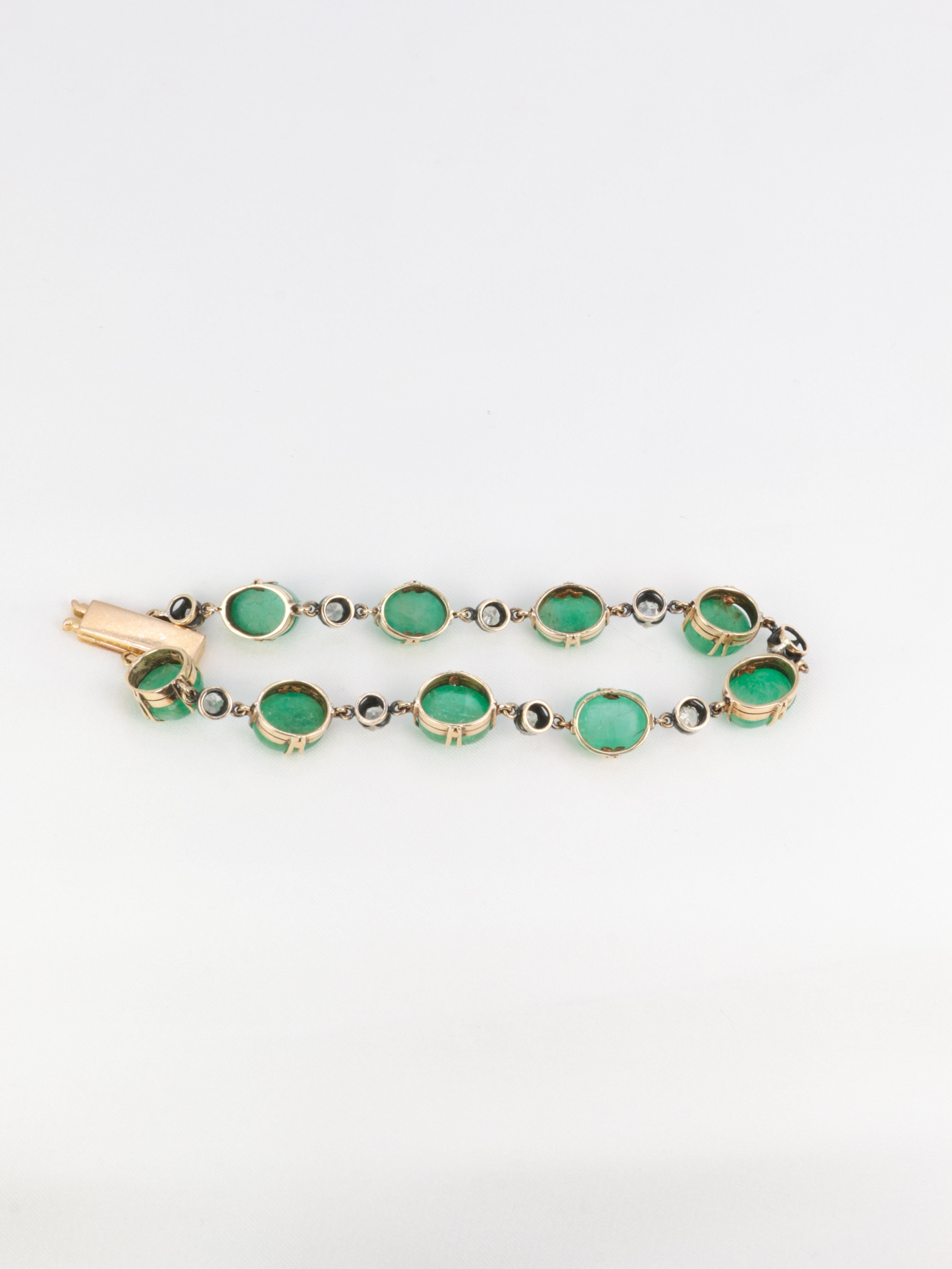 Bracelet ancien cabochons d'émeraudes or jaune diamants