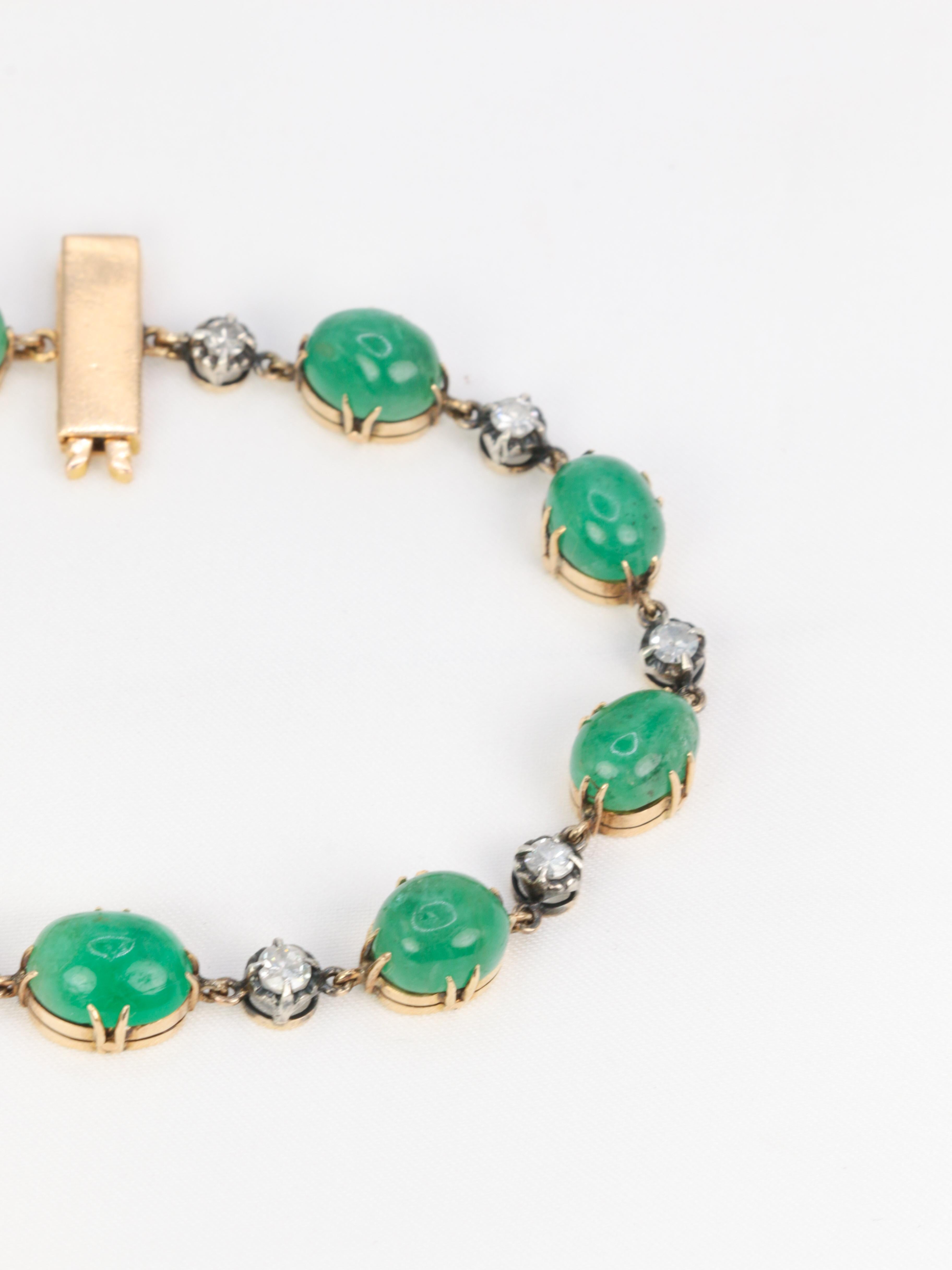 Bracelet ancien cabochons d'émeraudes or jaune diamants