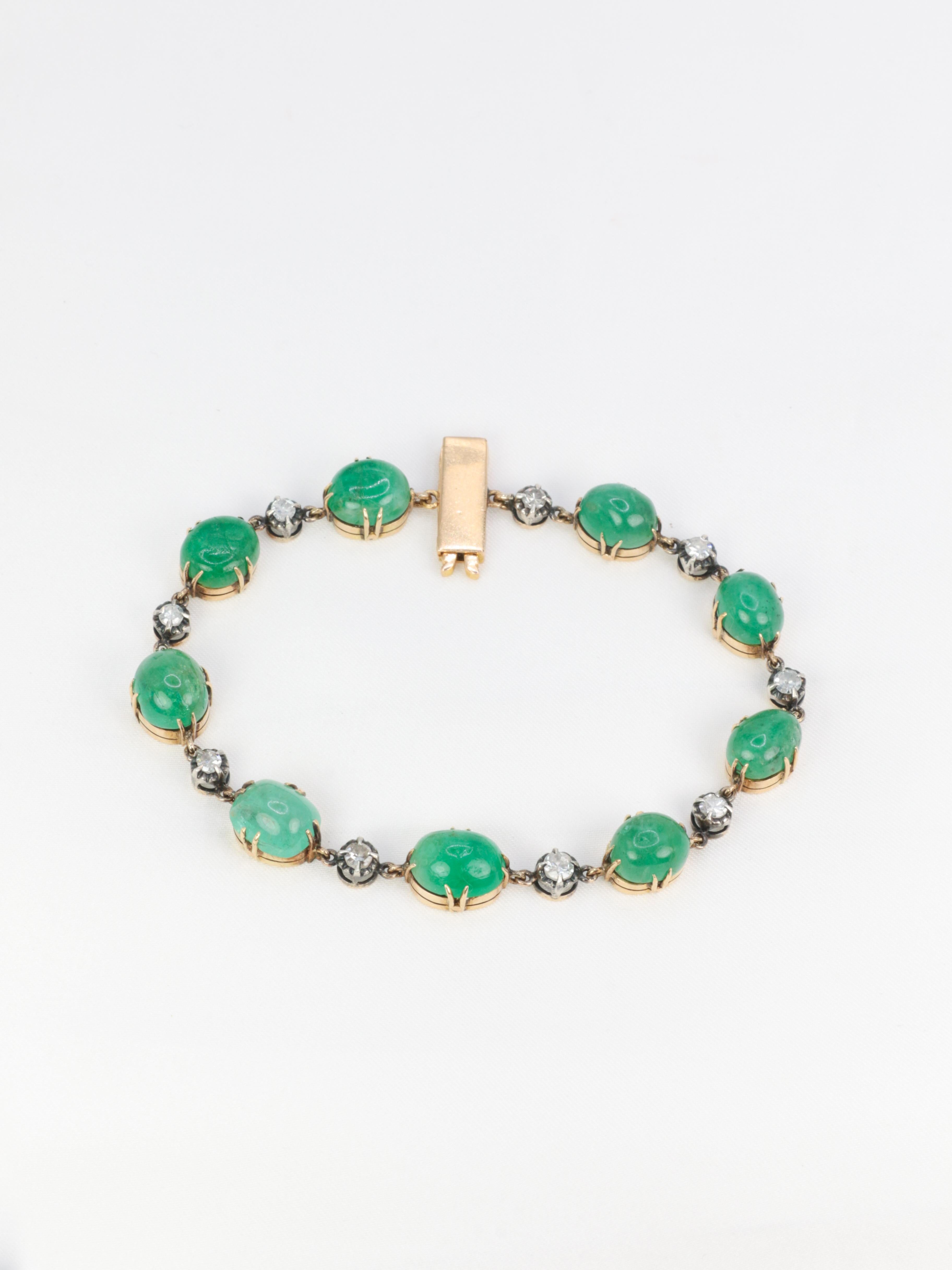 Bracelet ancien cabochons d'émeraudes or jaune diamants