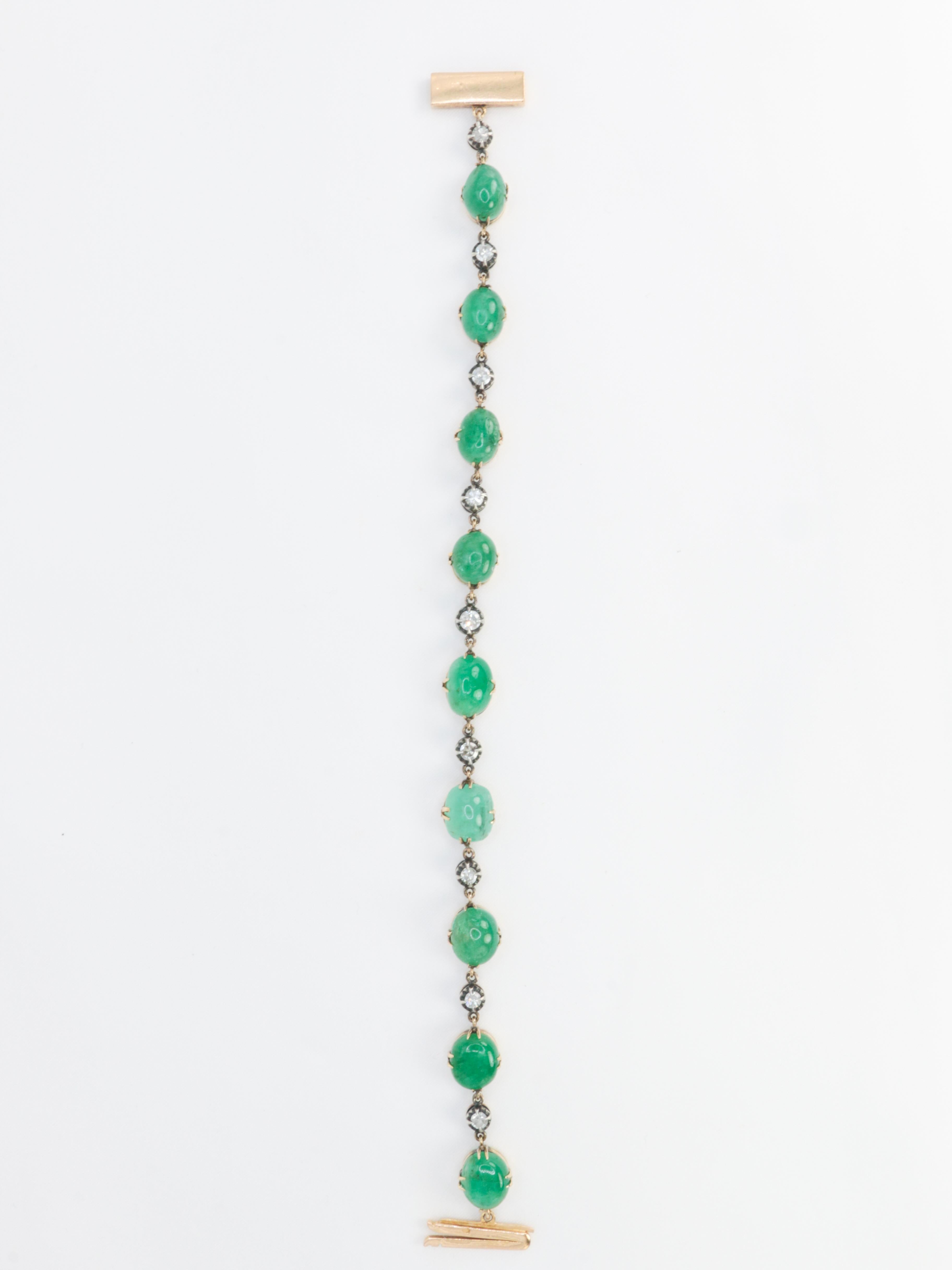 Bracelet ancien cabochons d'émeraudes or jaune diamants