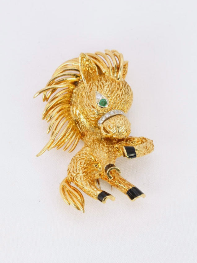 Broche Poney vintage Van Cleef Arpels or jaune émeraude diamants émail