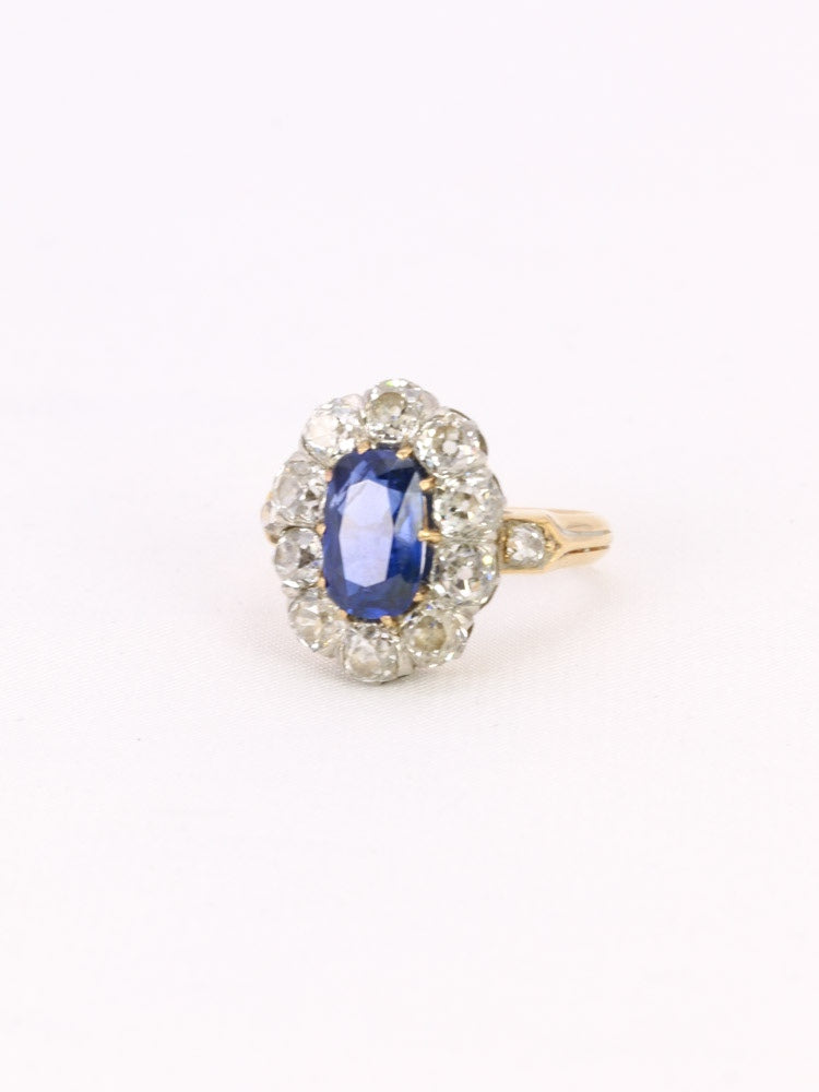 Bague marguerite victorienne or rose saphir diamants