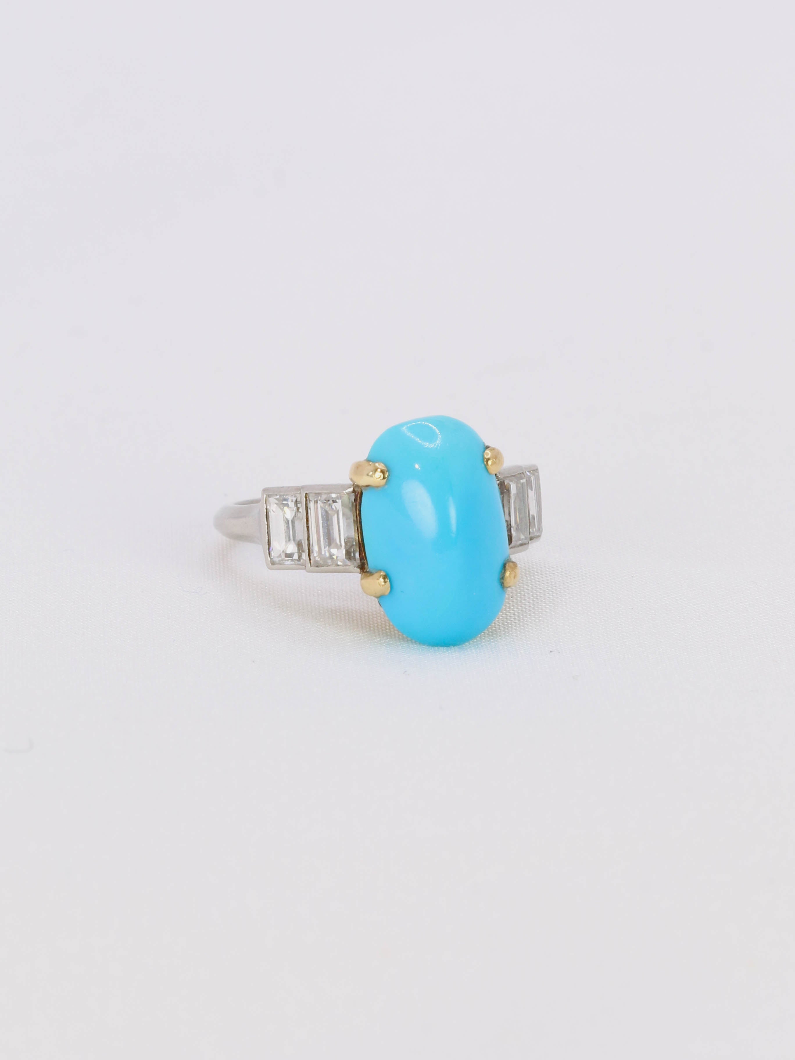 Bague ancienne JANESICH platine or turquoise diamants taille émeraude