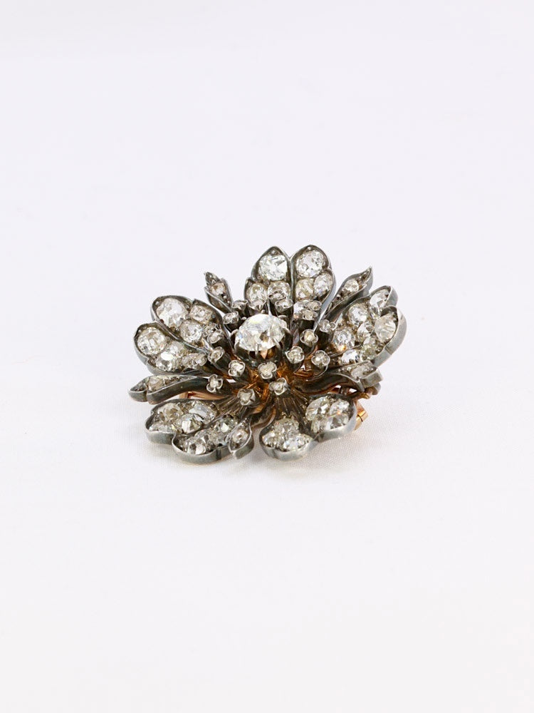 Broche ancienne fleur or argent diamants taille ancienne