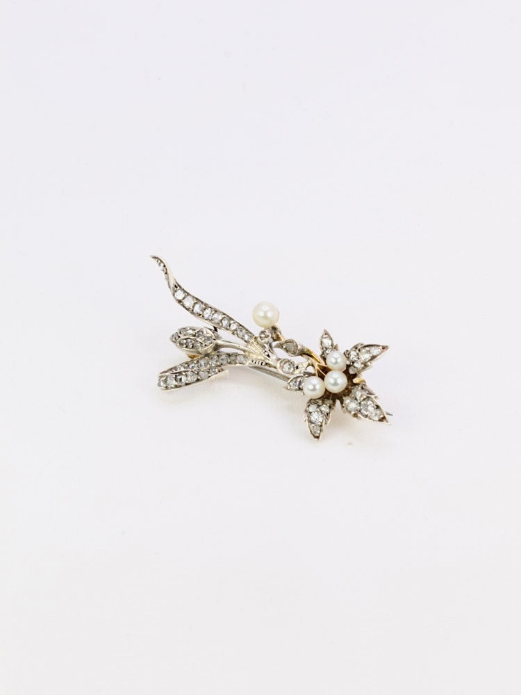 Broche Erable Or Diamants Perles Fines