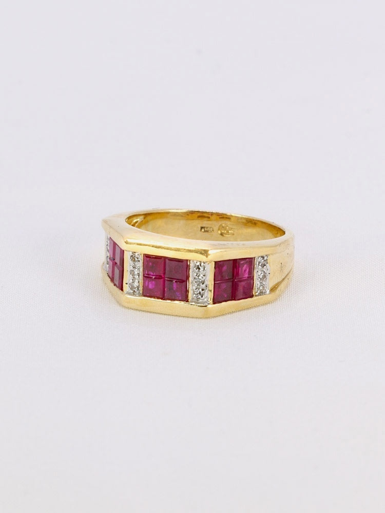 Bague géométrique or jaune rubis diamants