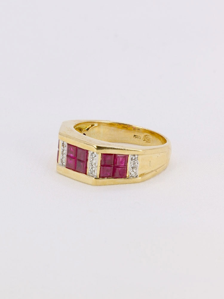 Bague géométrique or jaune rubis diamants