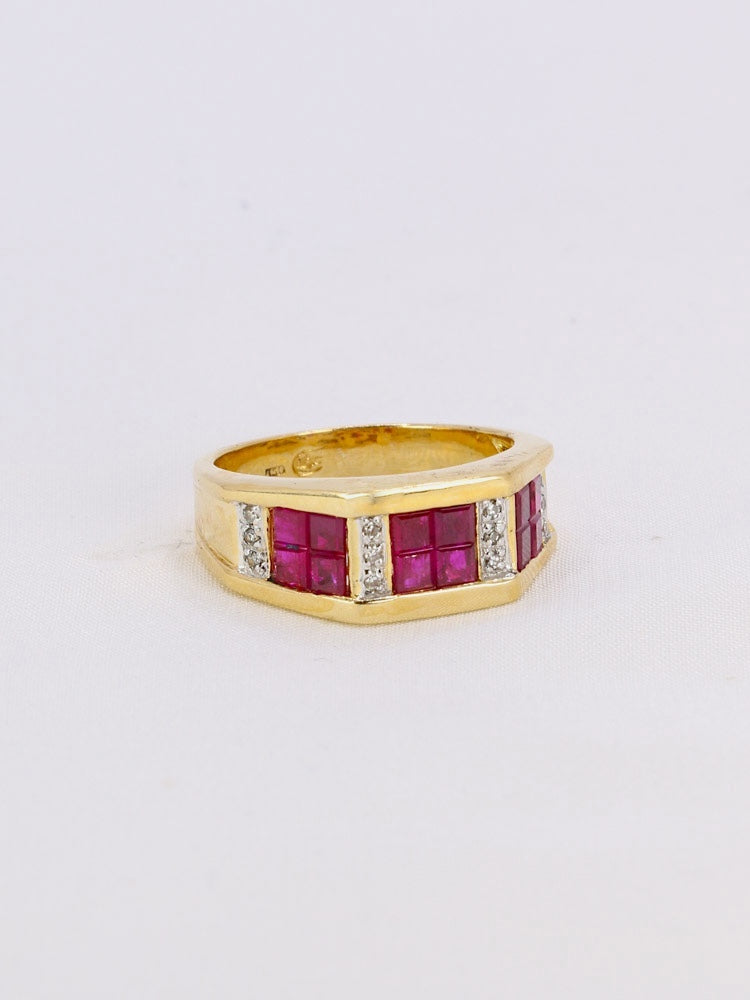 Bague géométrique or jaune rubis diamants