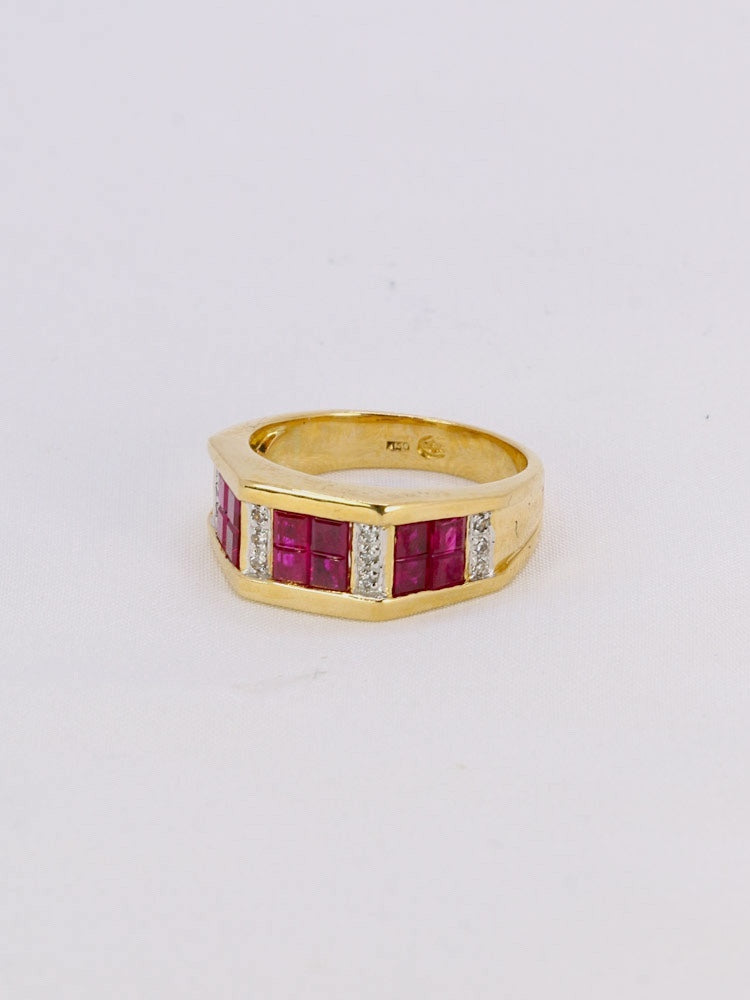 Bague géométrique or jaune rubis diamants