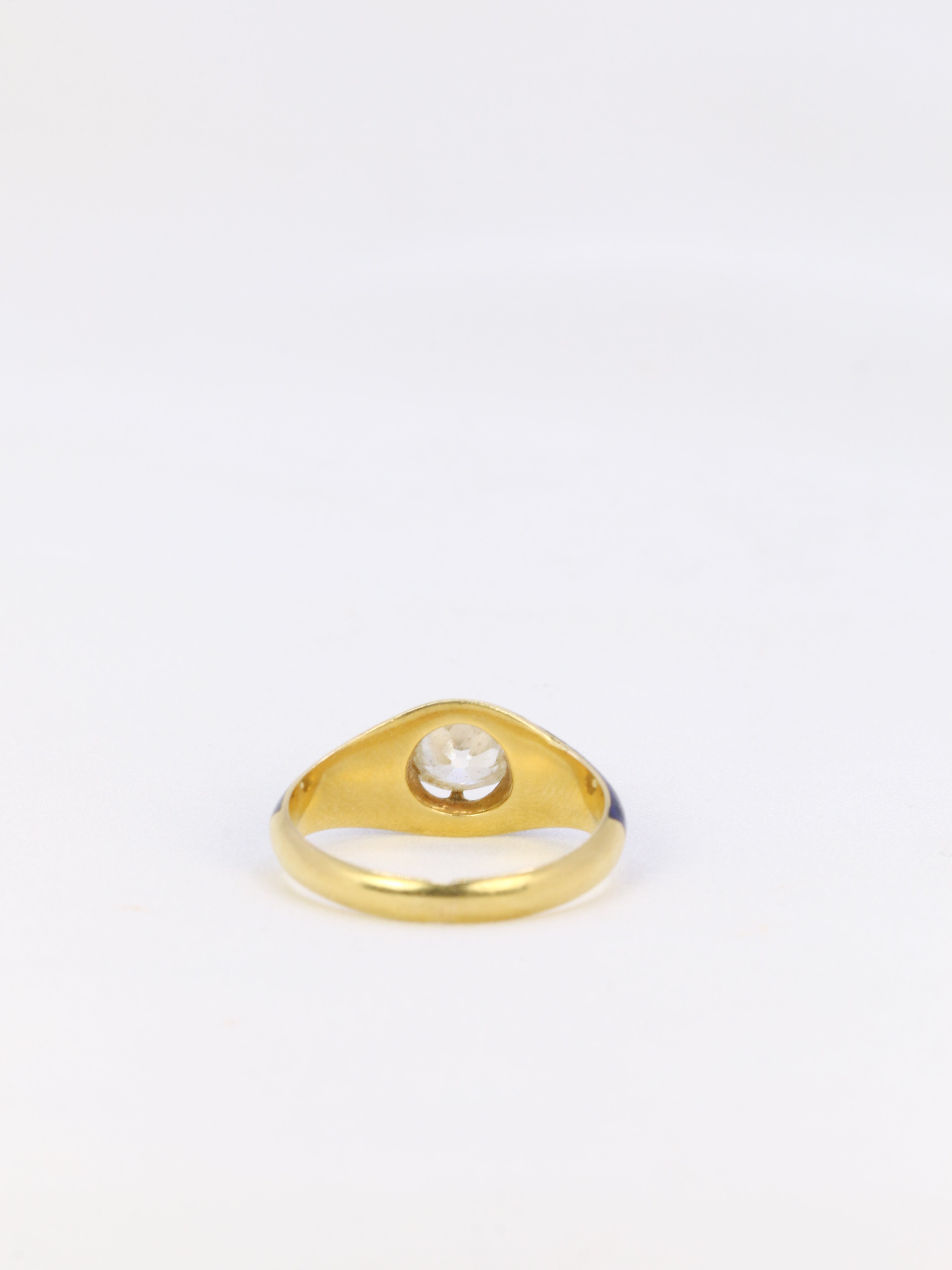 Bague solitaire or jaune diamant émail bleu