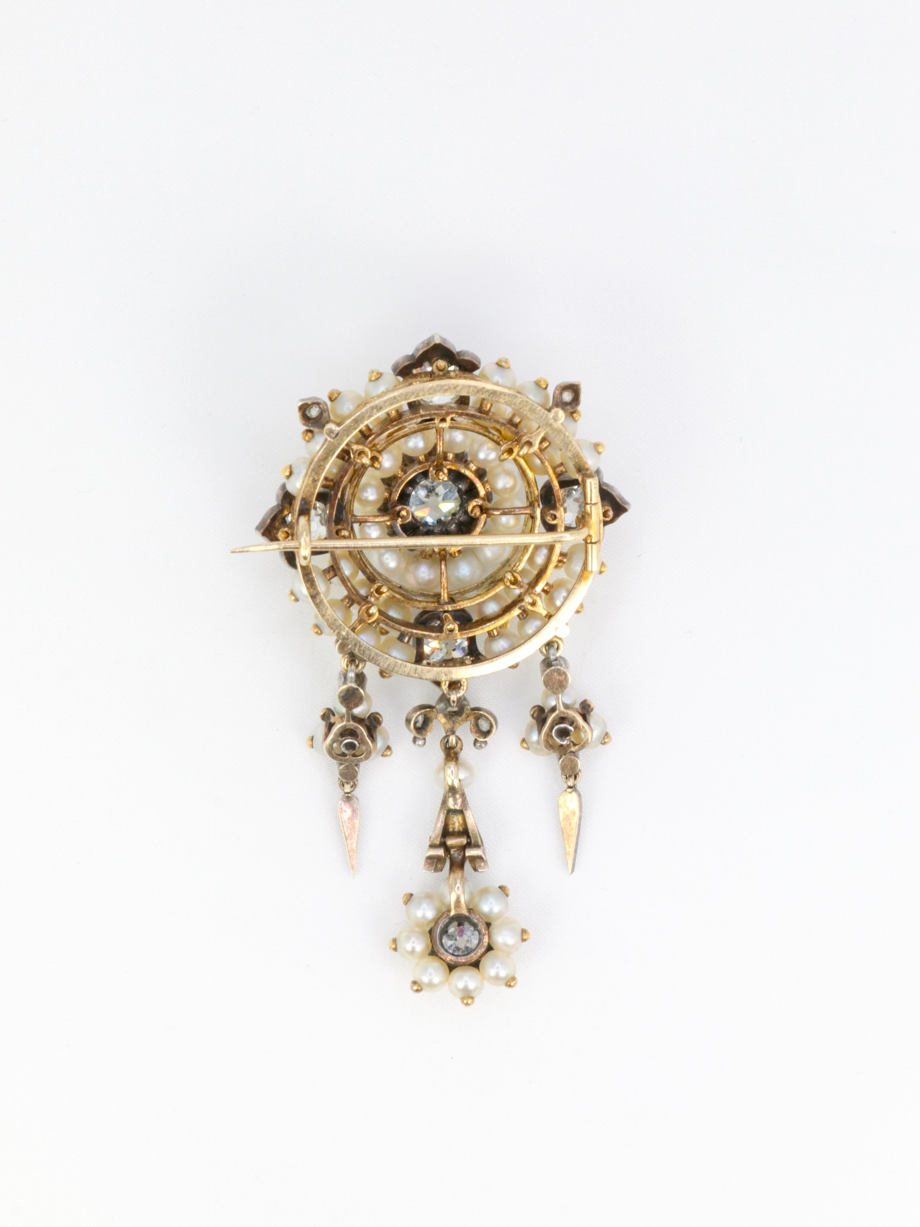 Broche ancienne guirlande or argent perles fines diamants taille ancienne