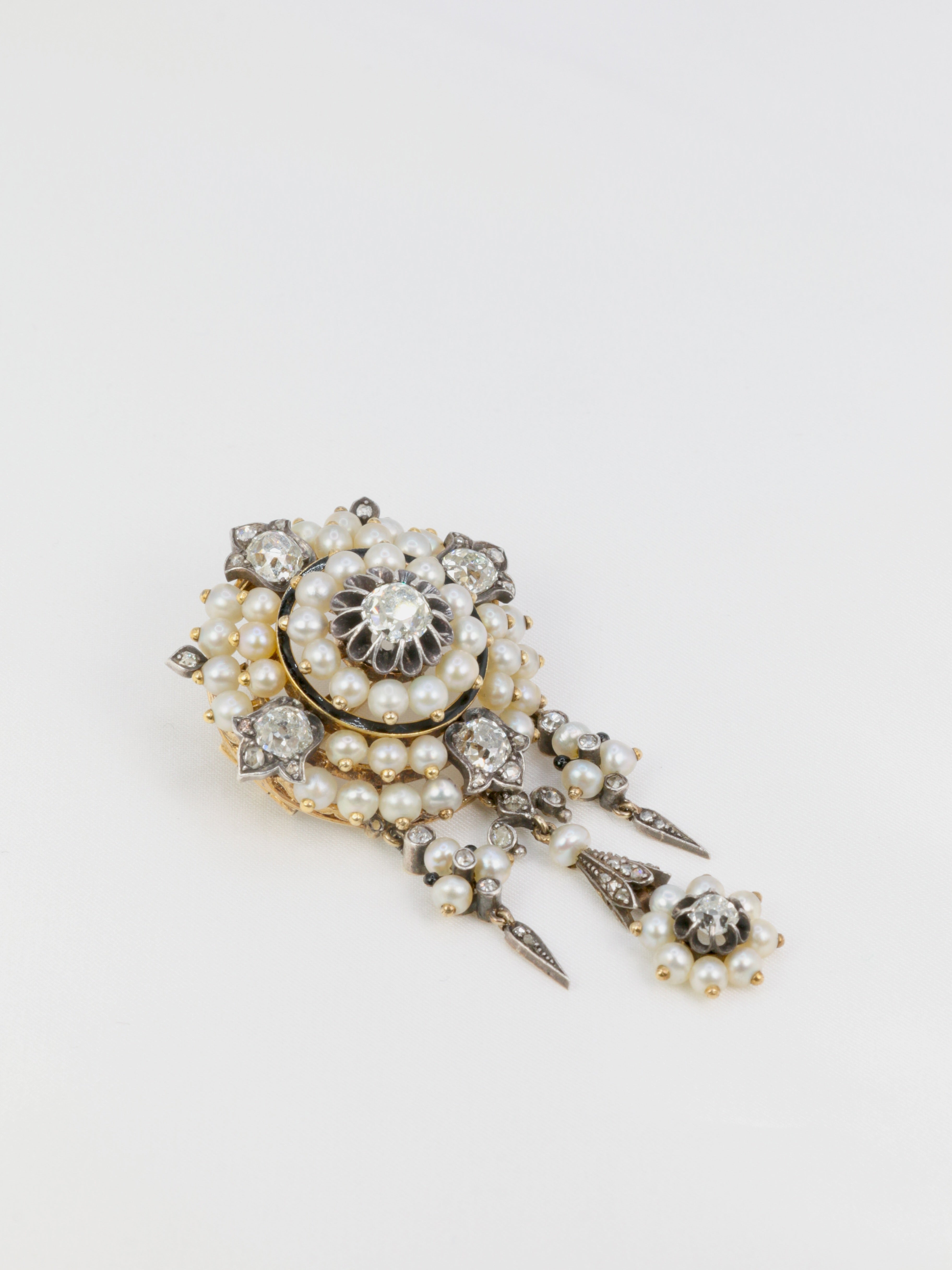 Broche ancienne guirlande or argent perles fines diamants taille ancienne