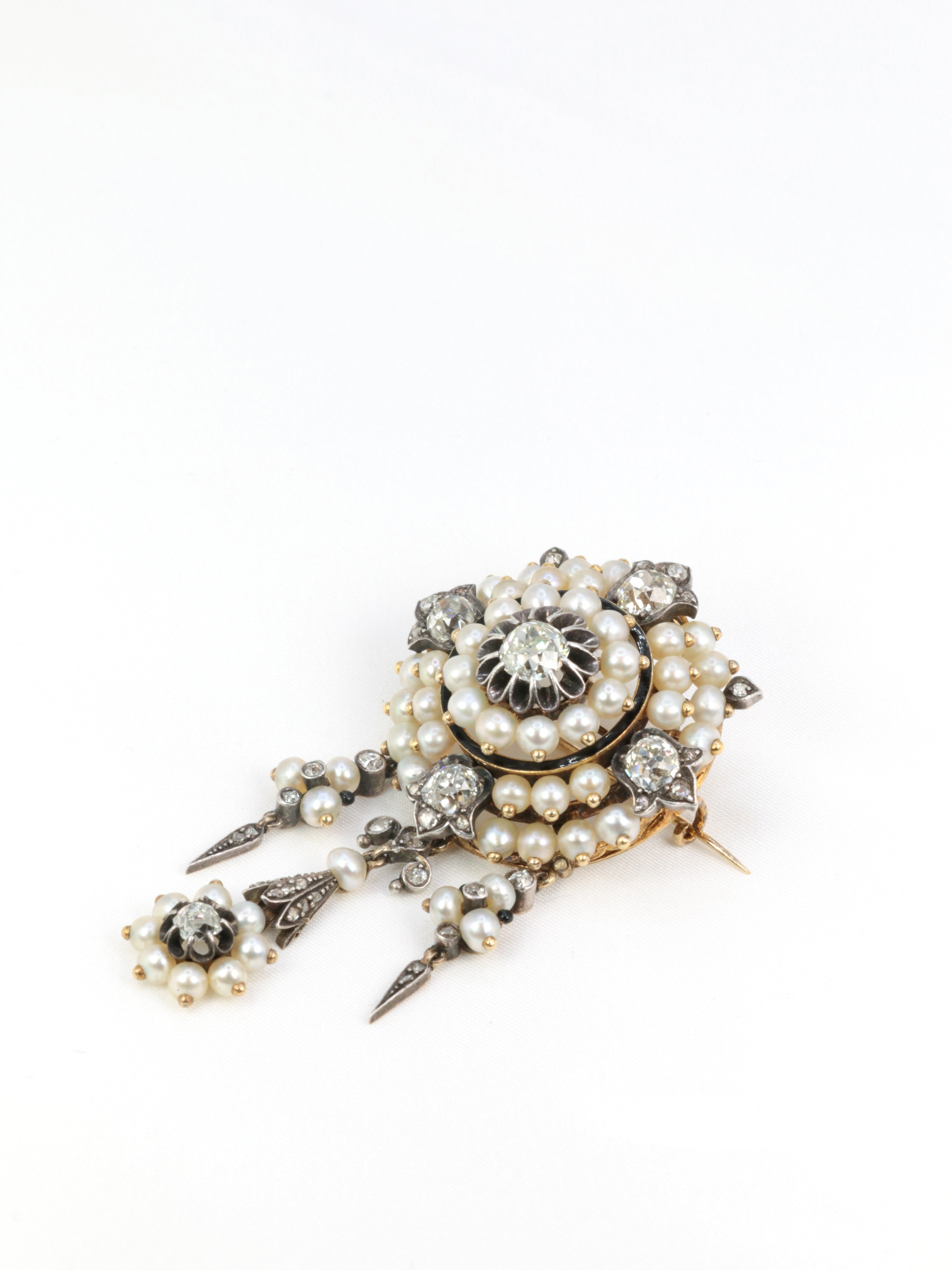 Broche ancienne guirlande or argent perles fines diamants taille ancienne
