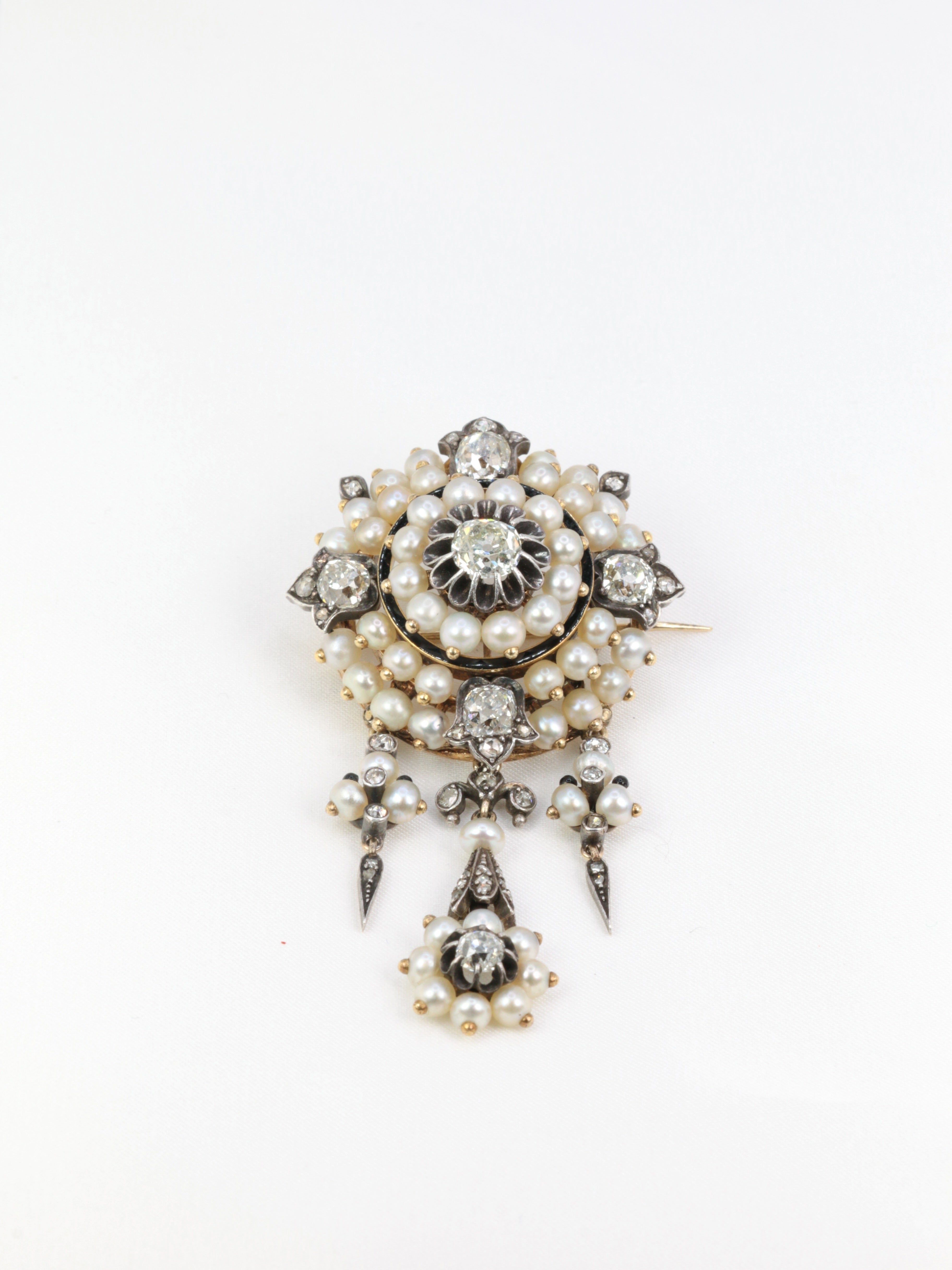 Broche ancienne guirlande or argent perles fines diamants taille ancienne