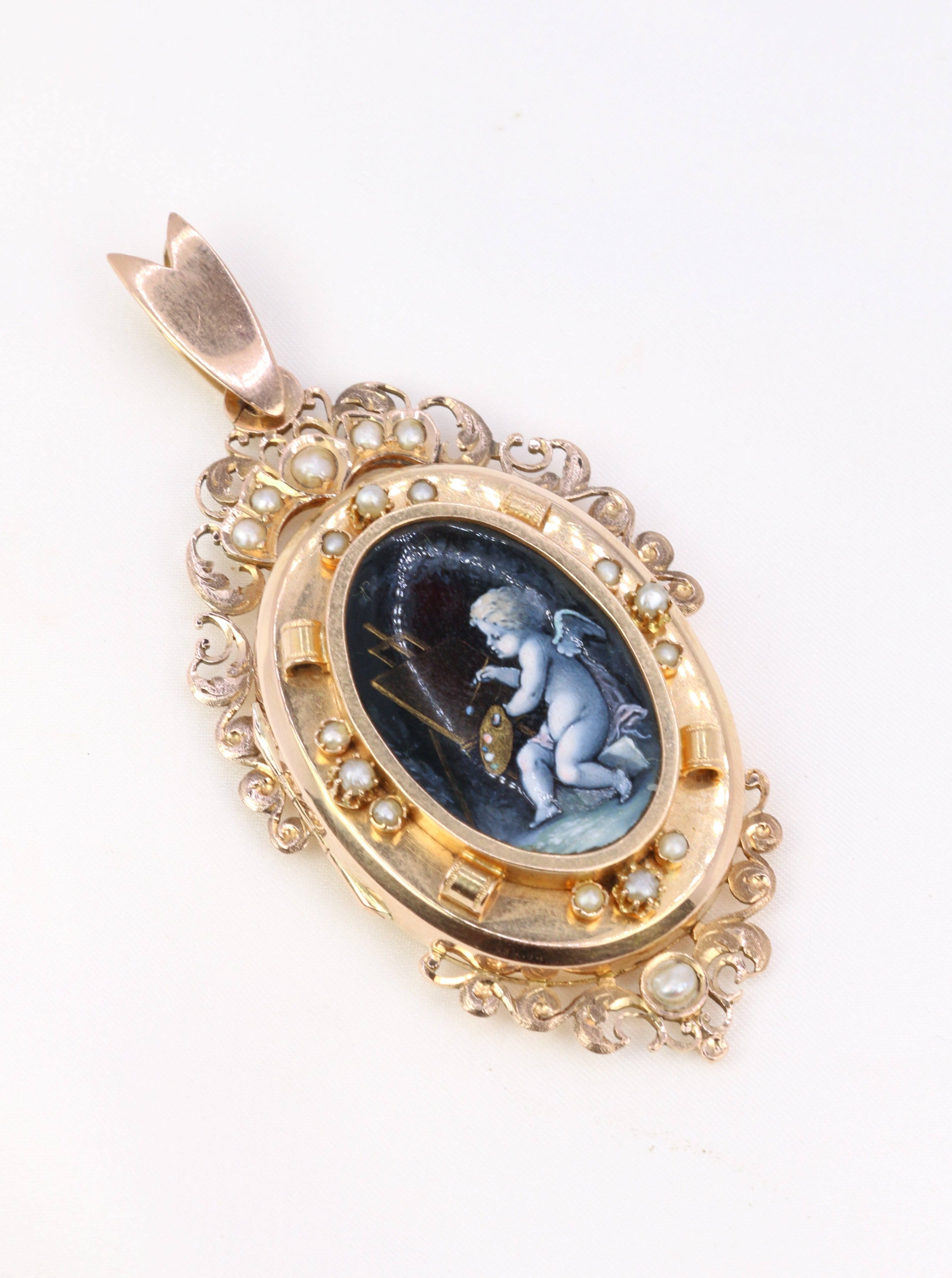 SAVARD Pendentif ancien porte-photo en or, émail et perles fines