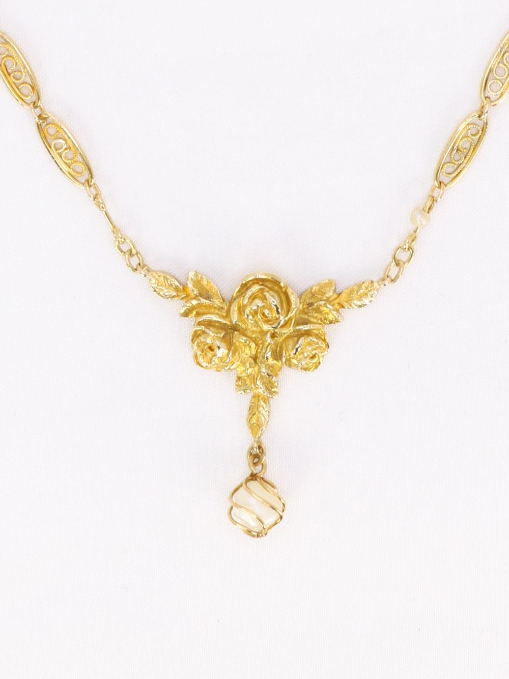 Collier Art Nouveau maille filigrane or jaune perles fines