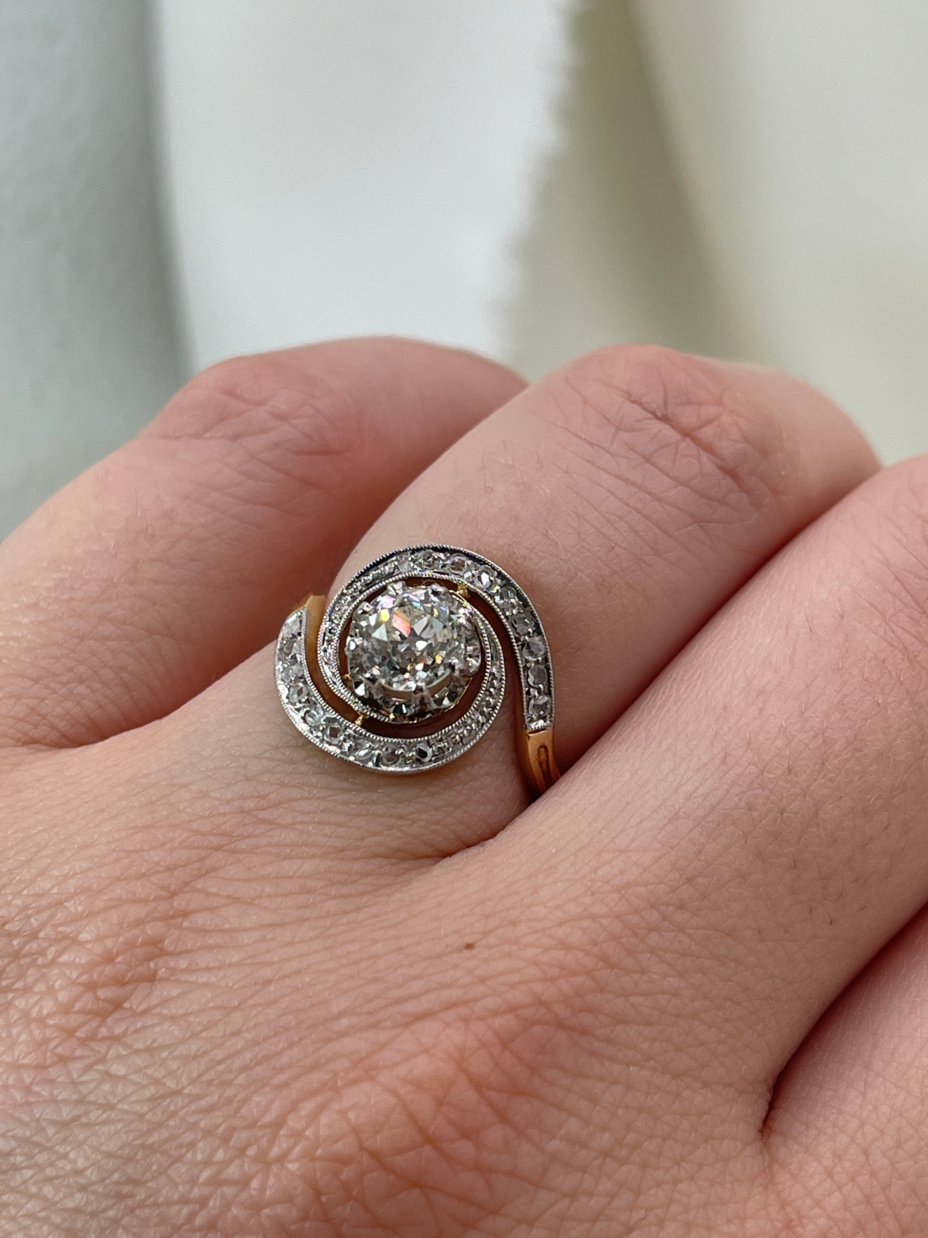 Old European Cut 0.9ct Gold and Diamond Swirl Ring