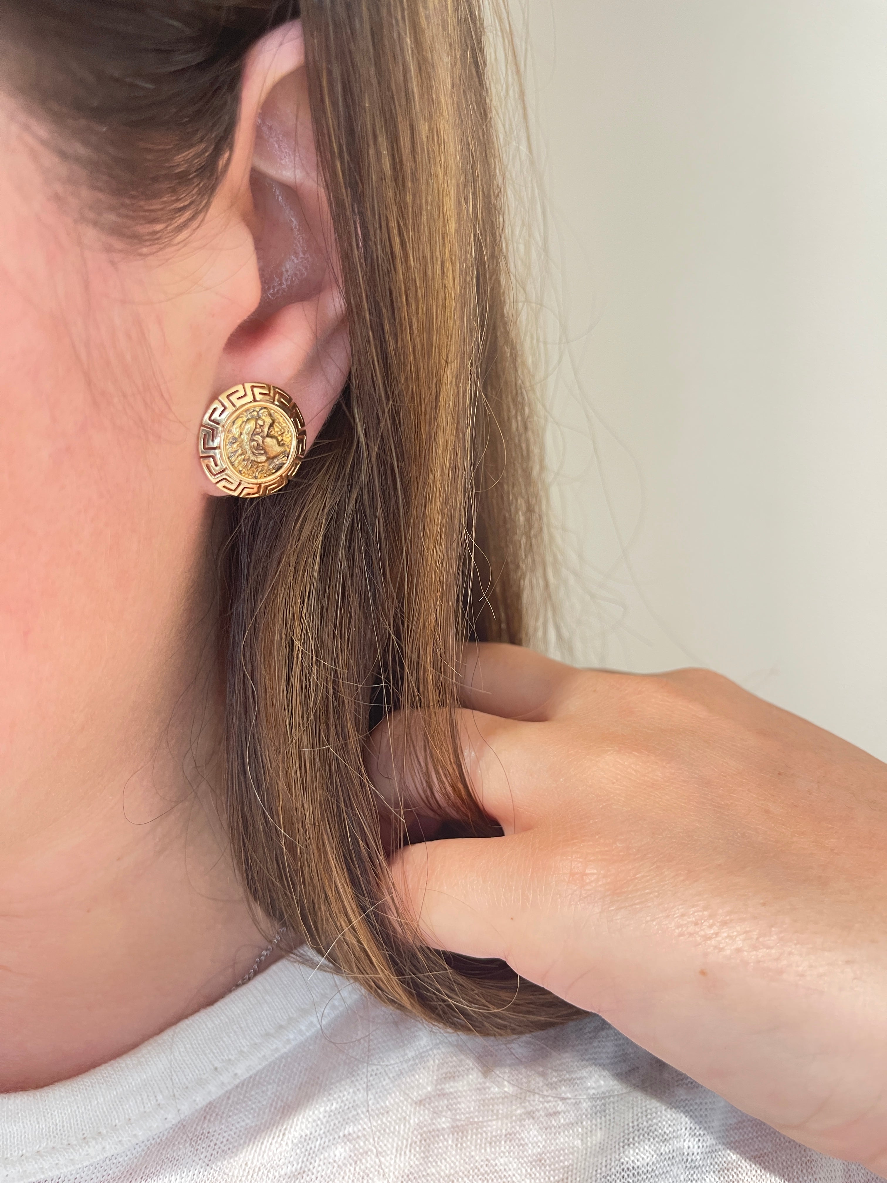 Vintage Gold Earrings and Old Coin in the style of Bulgari