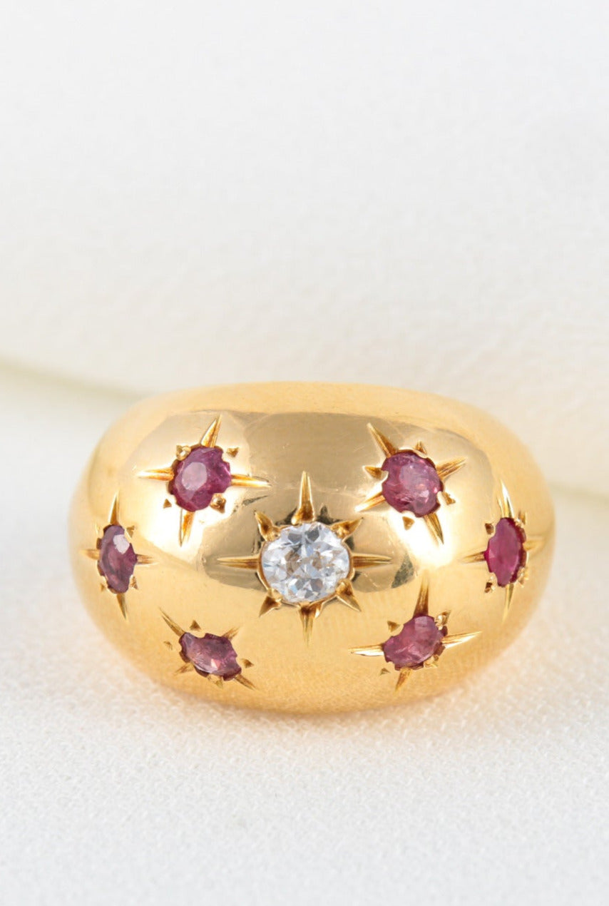 Bague Boule en Or, Rubis et Diamant Taille Ancienne