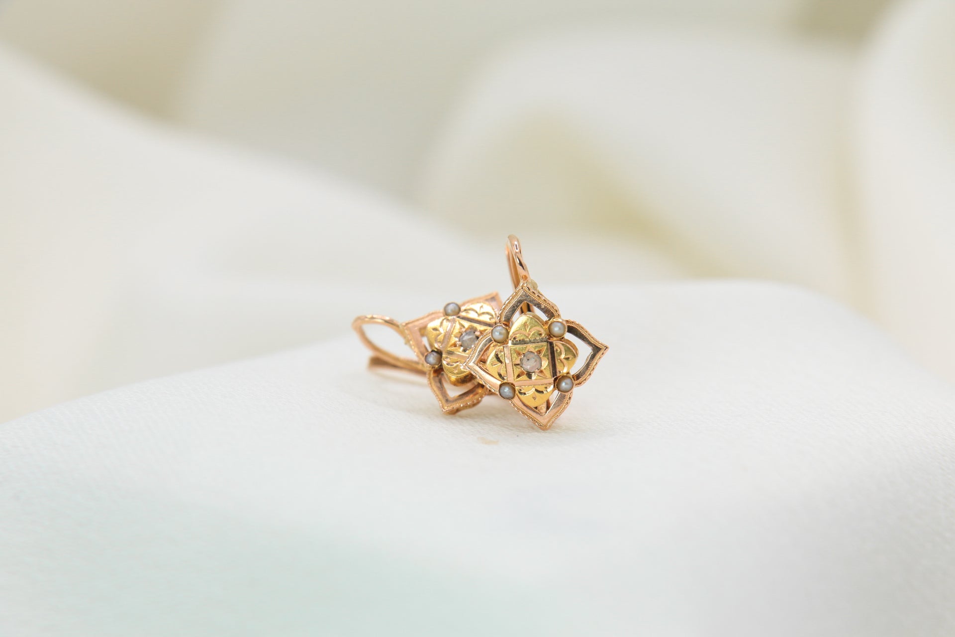 Napoleon III Sleeper Earrings in Gold, Pearls and Diamonds