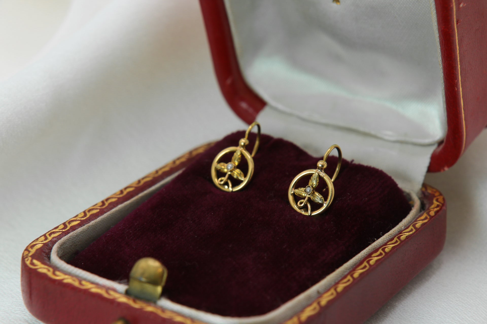 Art Nouveau Sleeper Earrings in Gold and Pearls