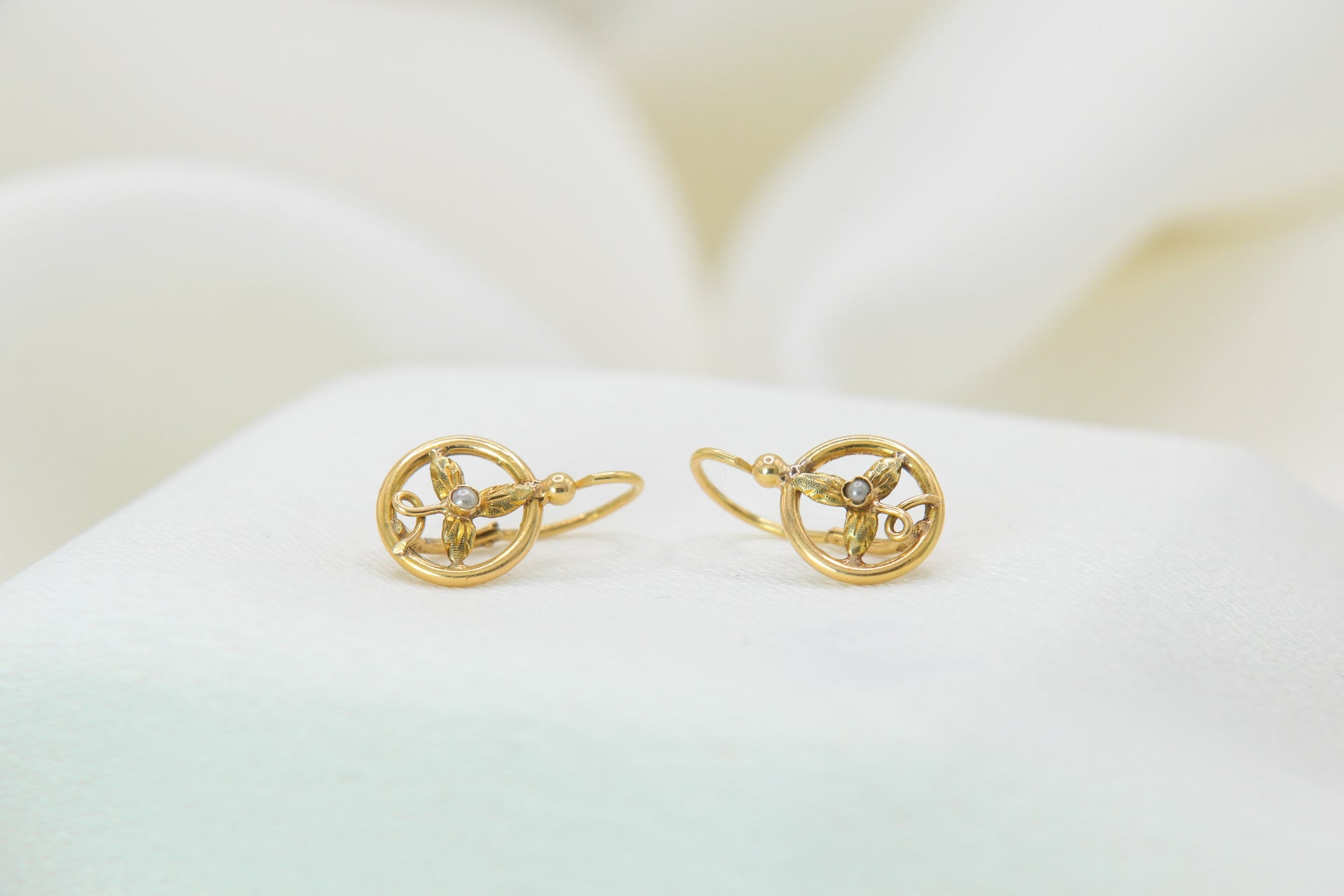 Art Nouveau Sleeper Earrings in Gold and Pearls