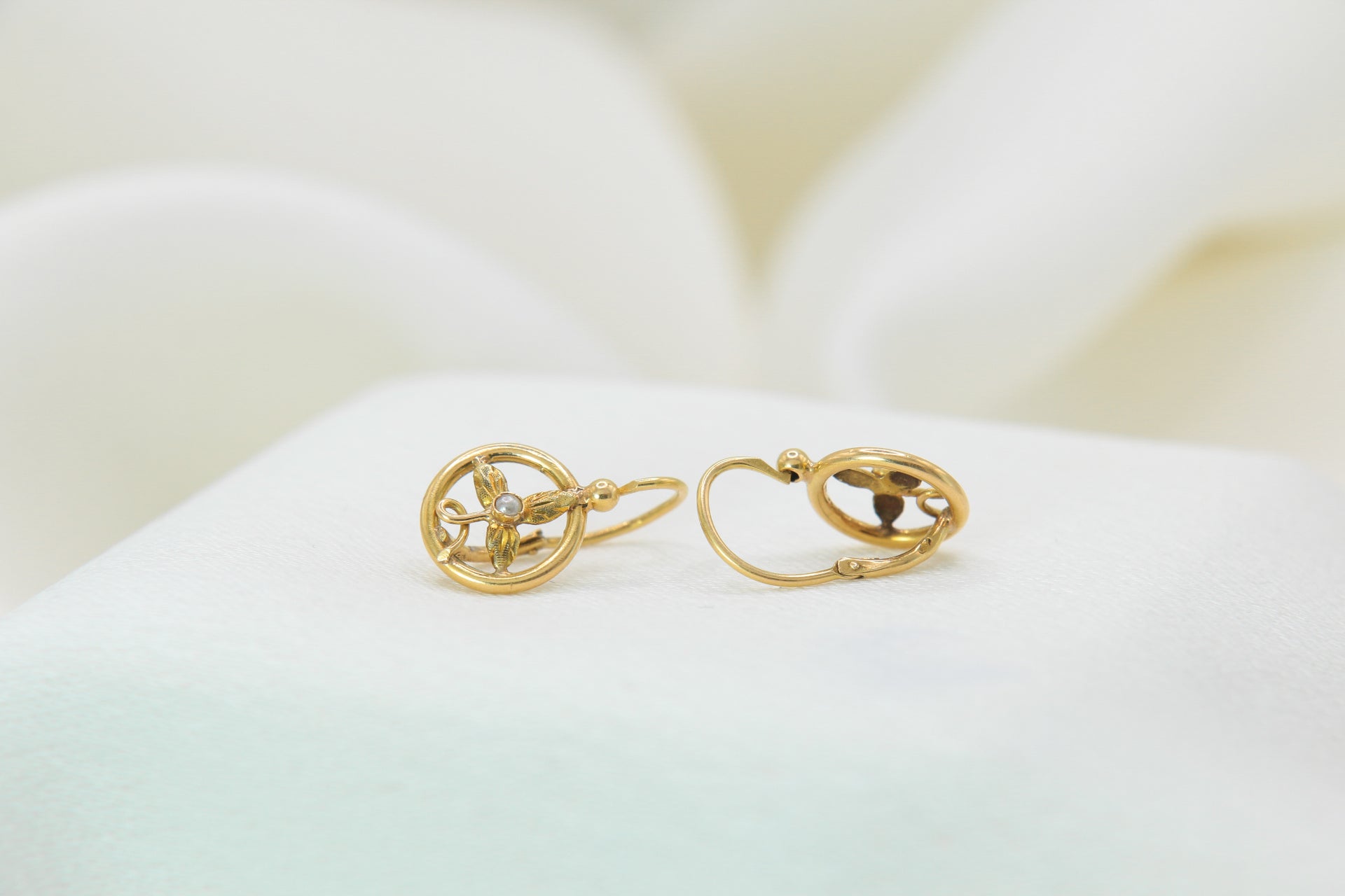 Art Nouveau Sleeper Earrings in Gold and Pearls