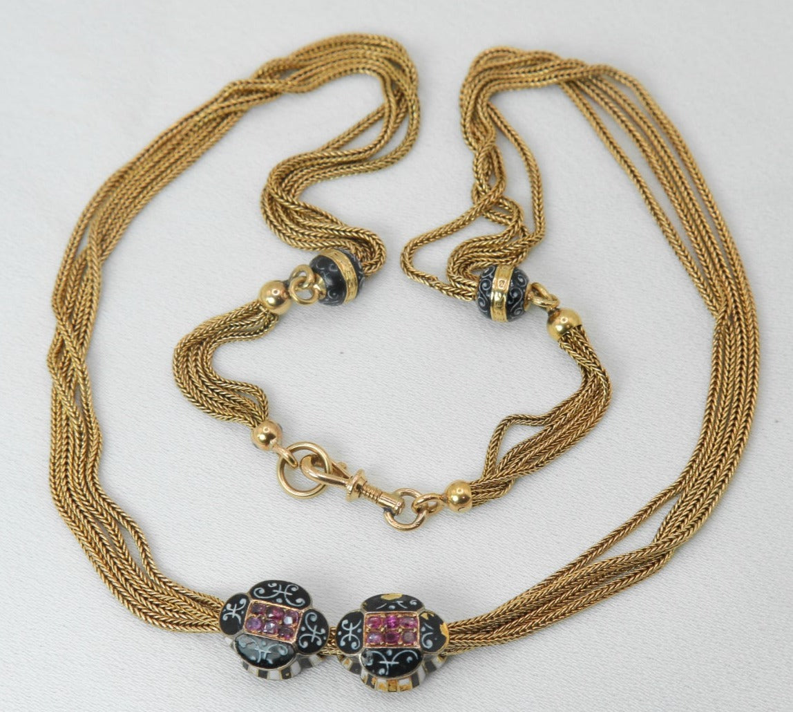 Collier ancien - Chaîne giletière en or, émail et rubis