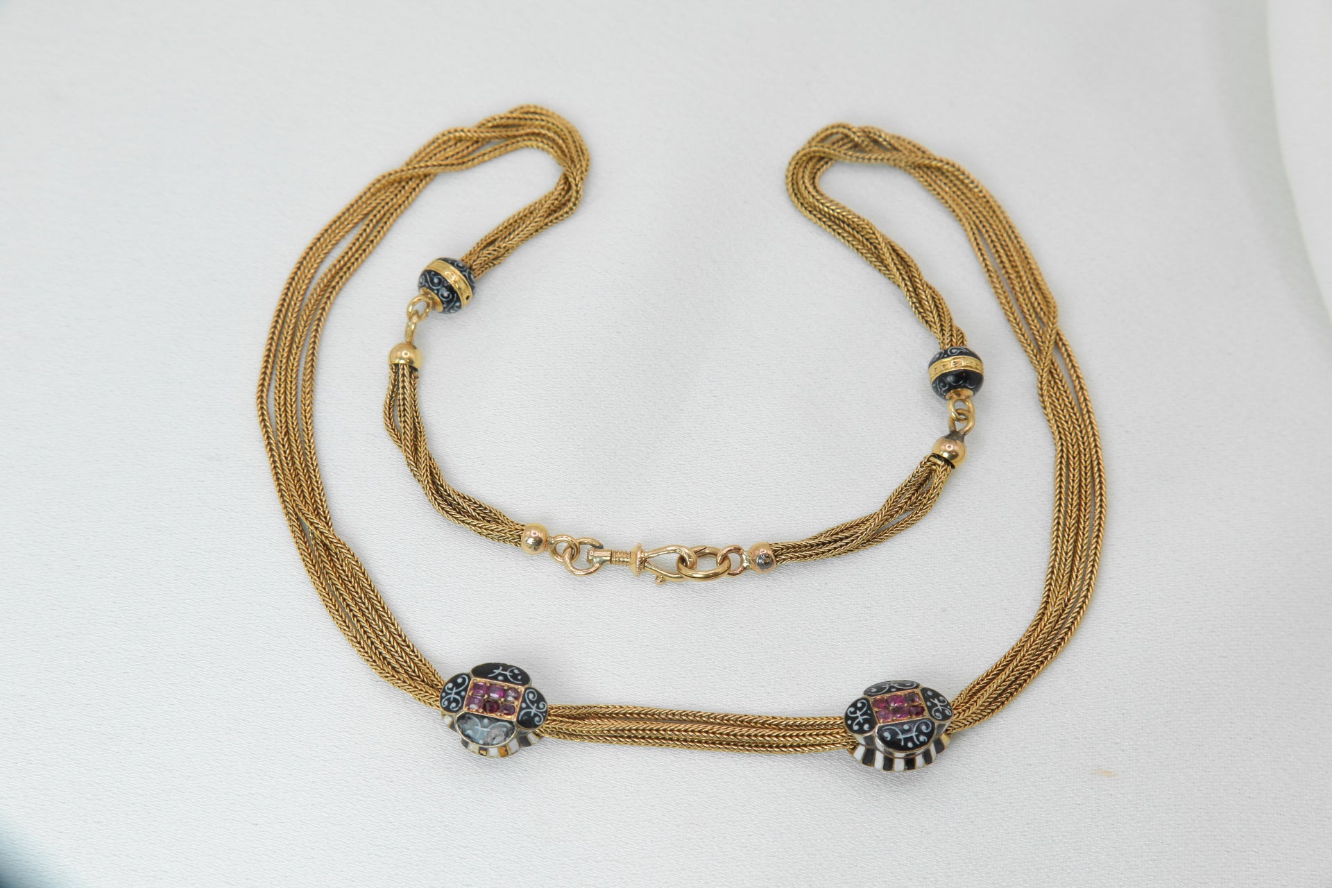 Collier ancien - Chaîne giletière en or, émail et rubis