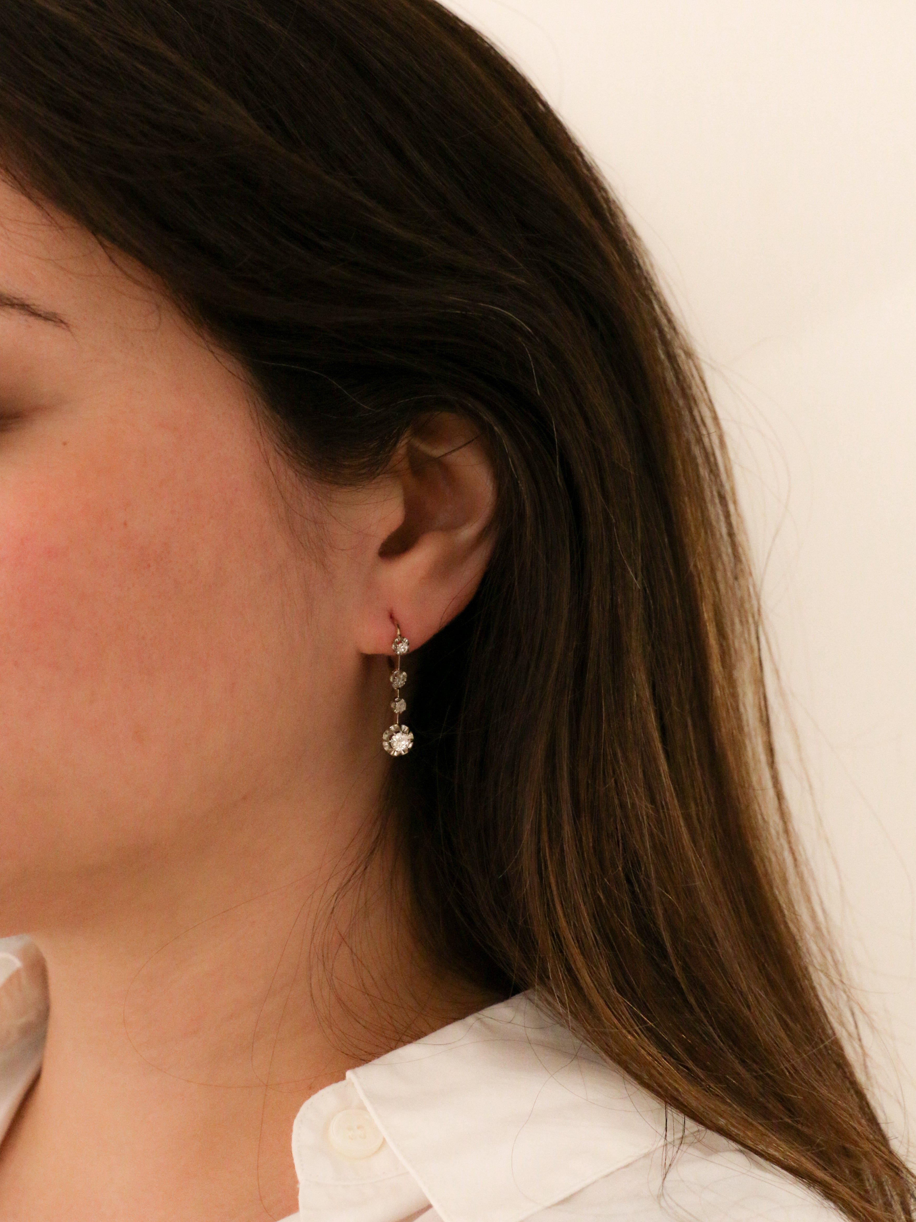 Antique sleeper earrings in gold, silver and old cut diamonds