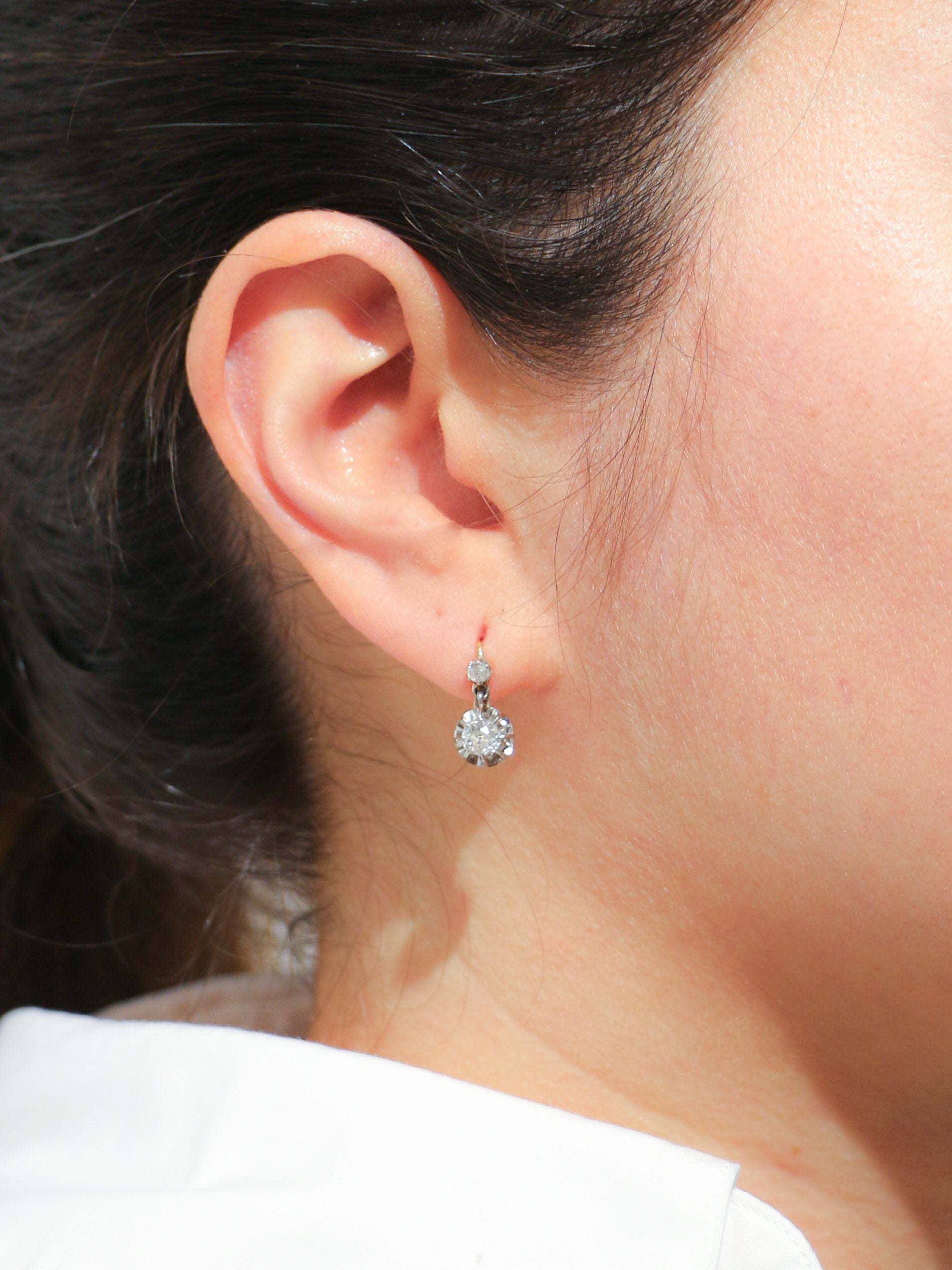 Antique sleeper earrings in gold, silver and old cut diamonds