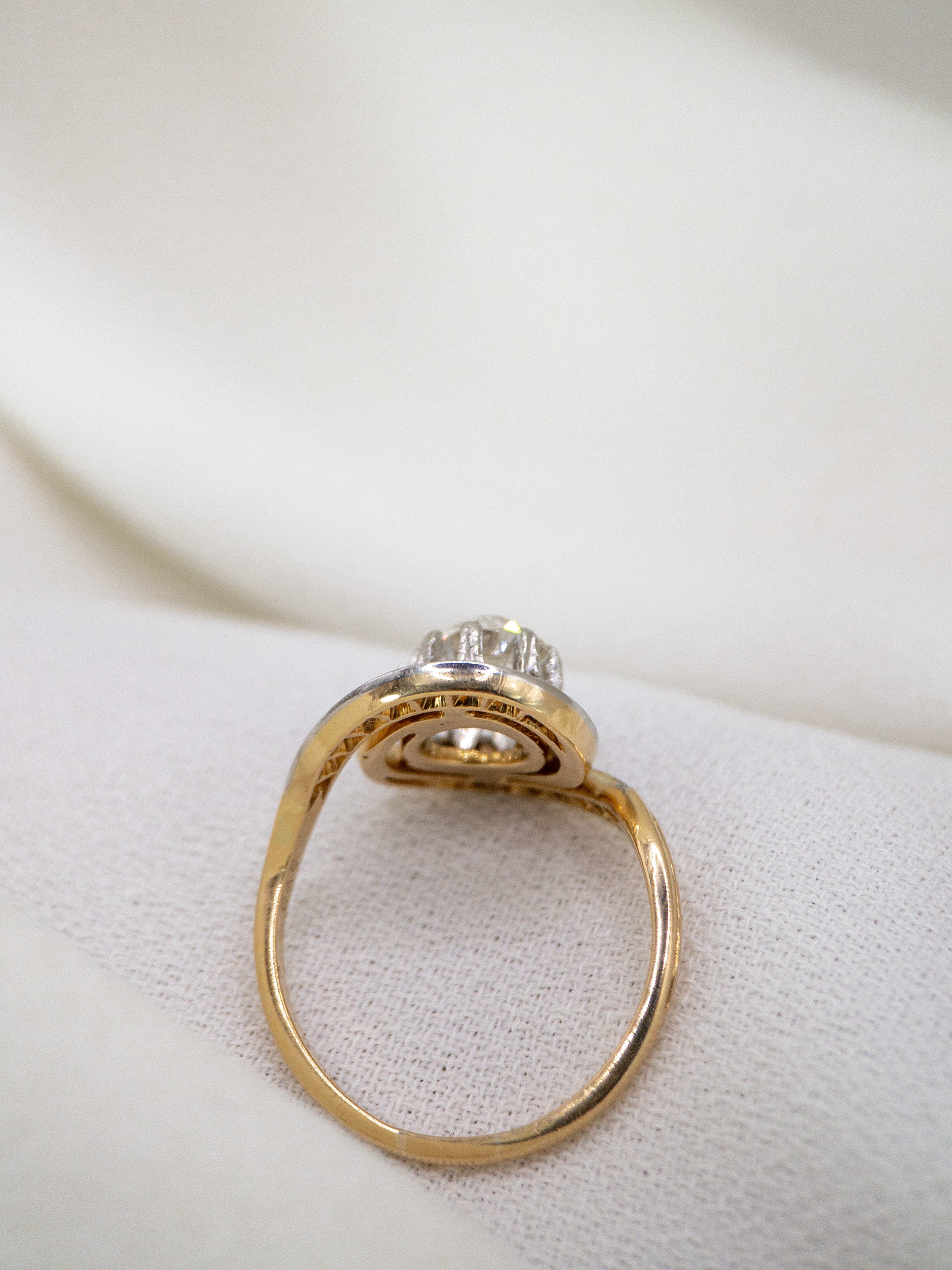 Old European Cut 0.9ct Gold and Diamond Swirl Ring