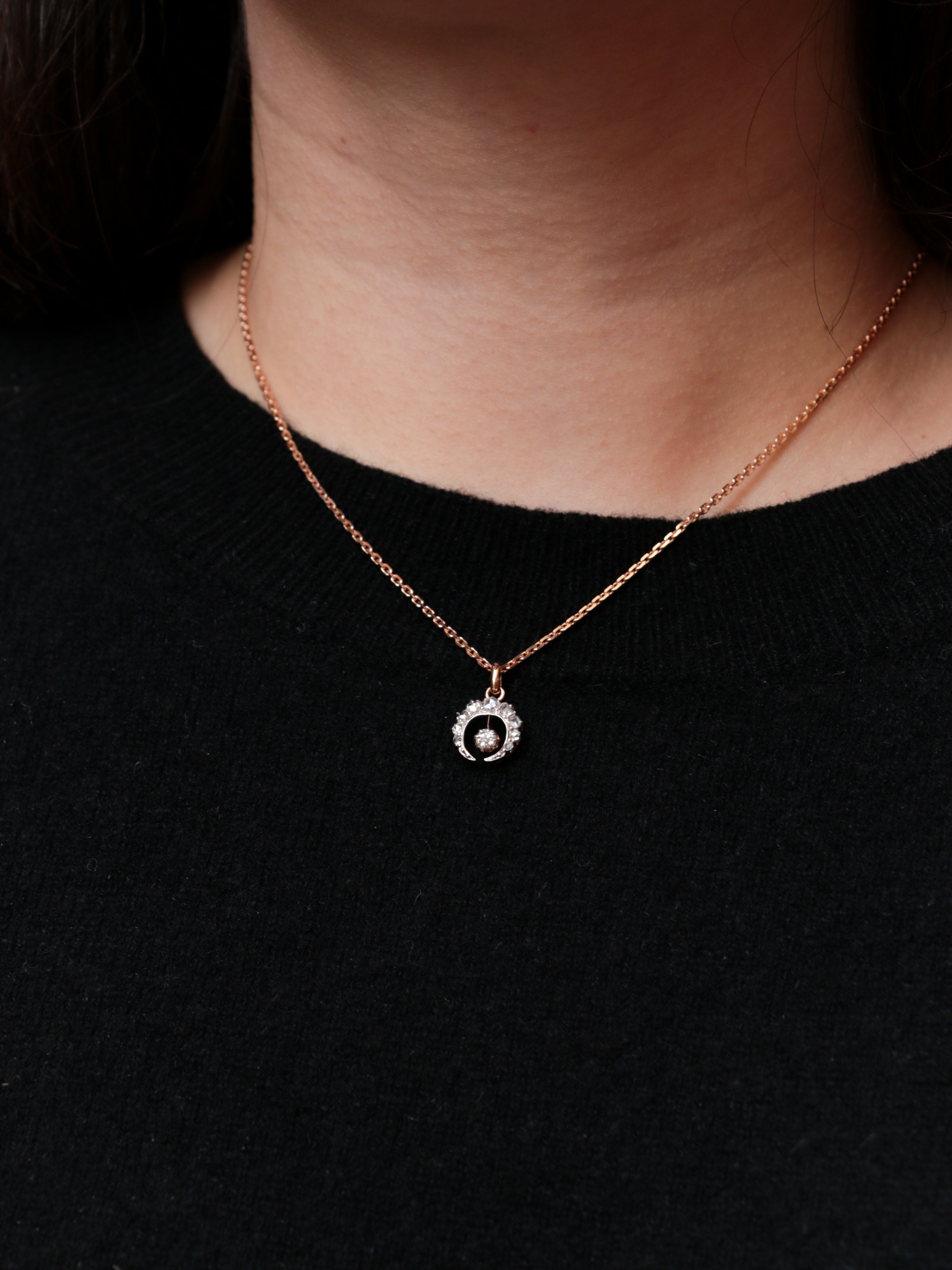 Pendentif ancien lune en or, argent et diamants - Fin du XIXème siècle