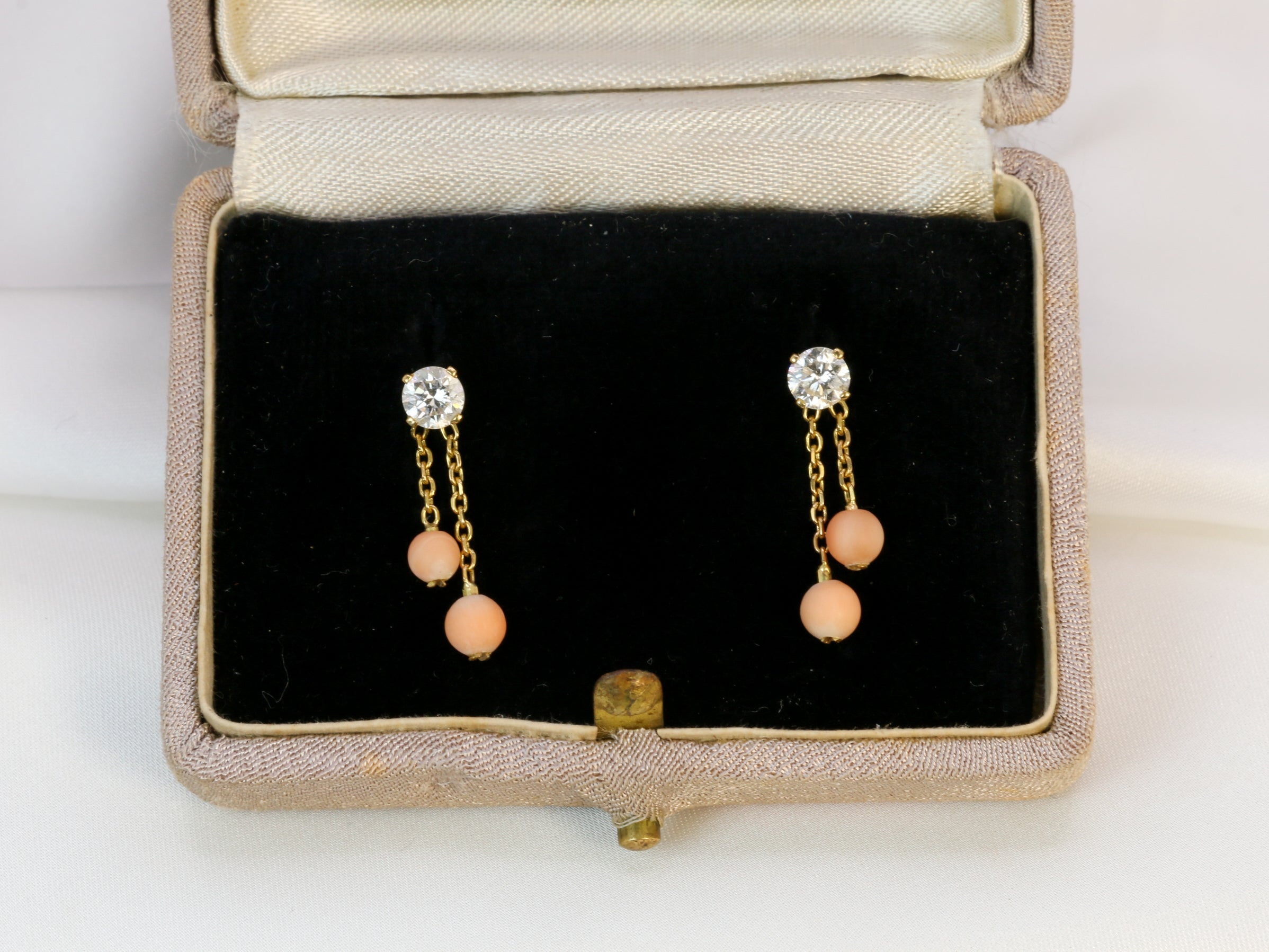 Vintage gold earrings, old cut diamonds and coral beads