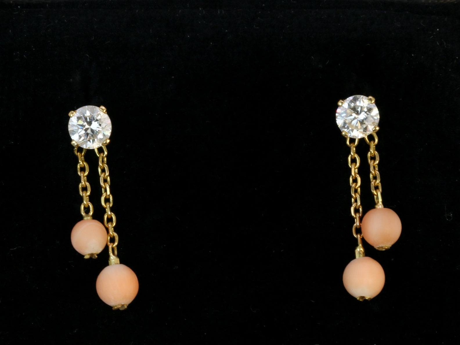 Vintage gold earrings, old cut diamonds and coral beads