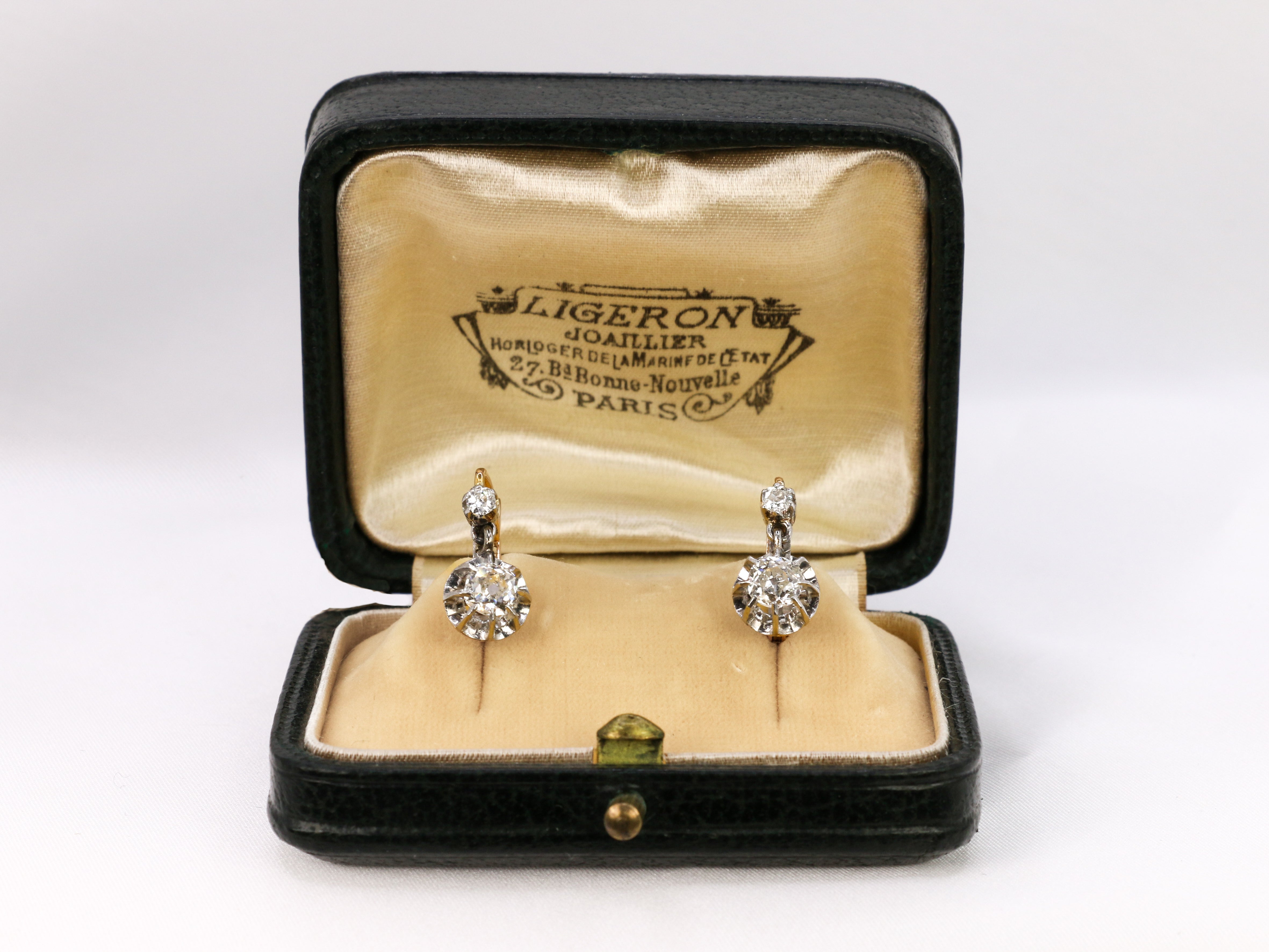 Antique sleeper earrings in gold, silver and old cut diamonds